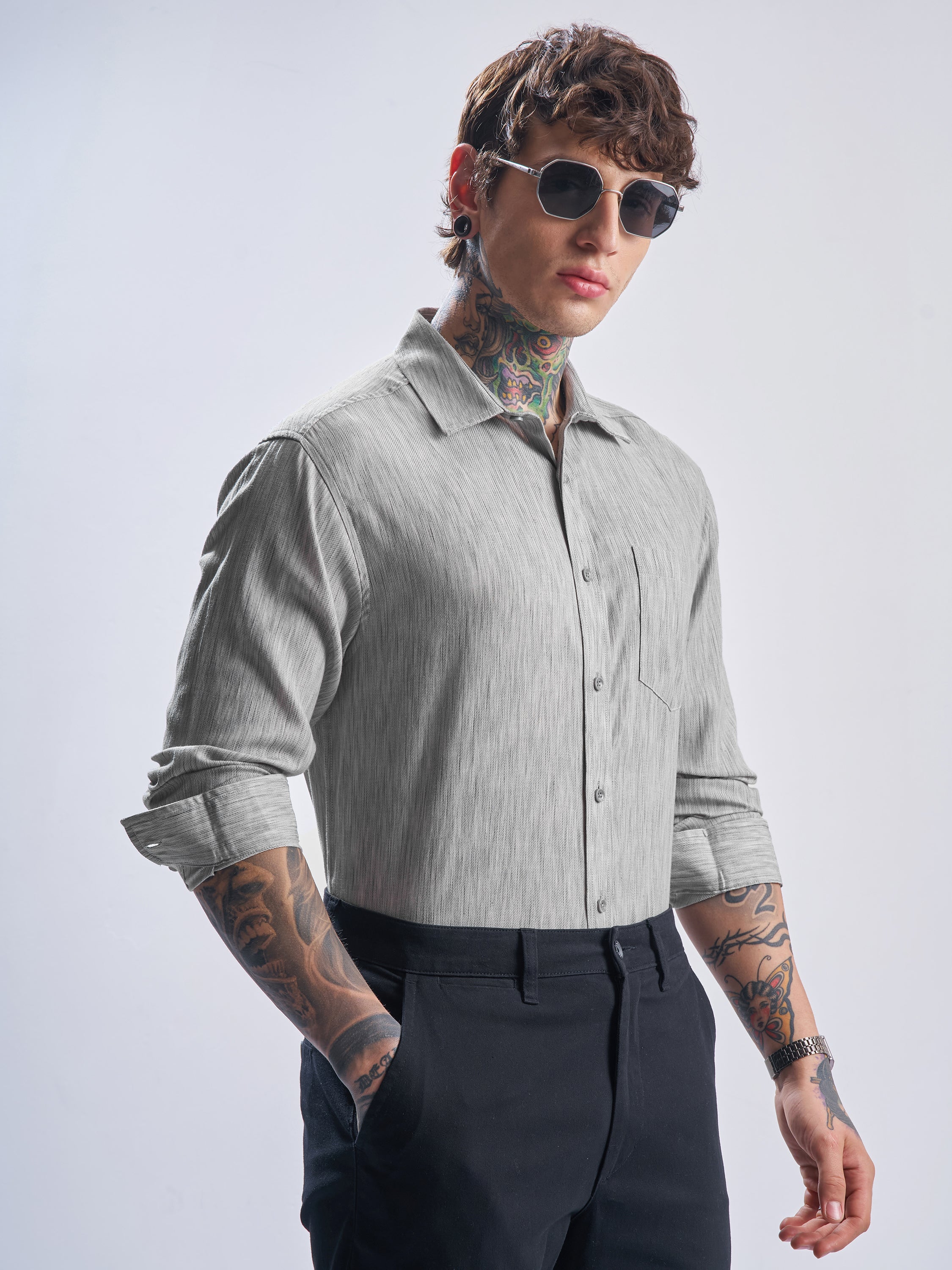 Highlander Men Grey Self Design Relaxed Fit Casual Shirt - Grey - Image 6