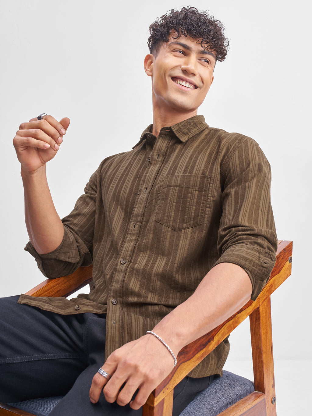Highlander Men Brown Striped Slim Fit Casual Shirt - Brown - Image 1