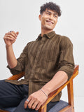 Highlander Men Brown Striped Slim Fit Casual Shirt - Brown - Image 1