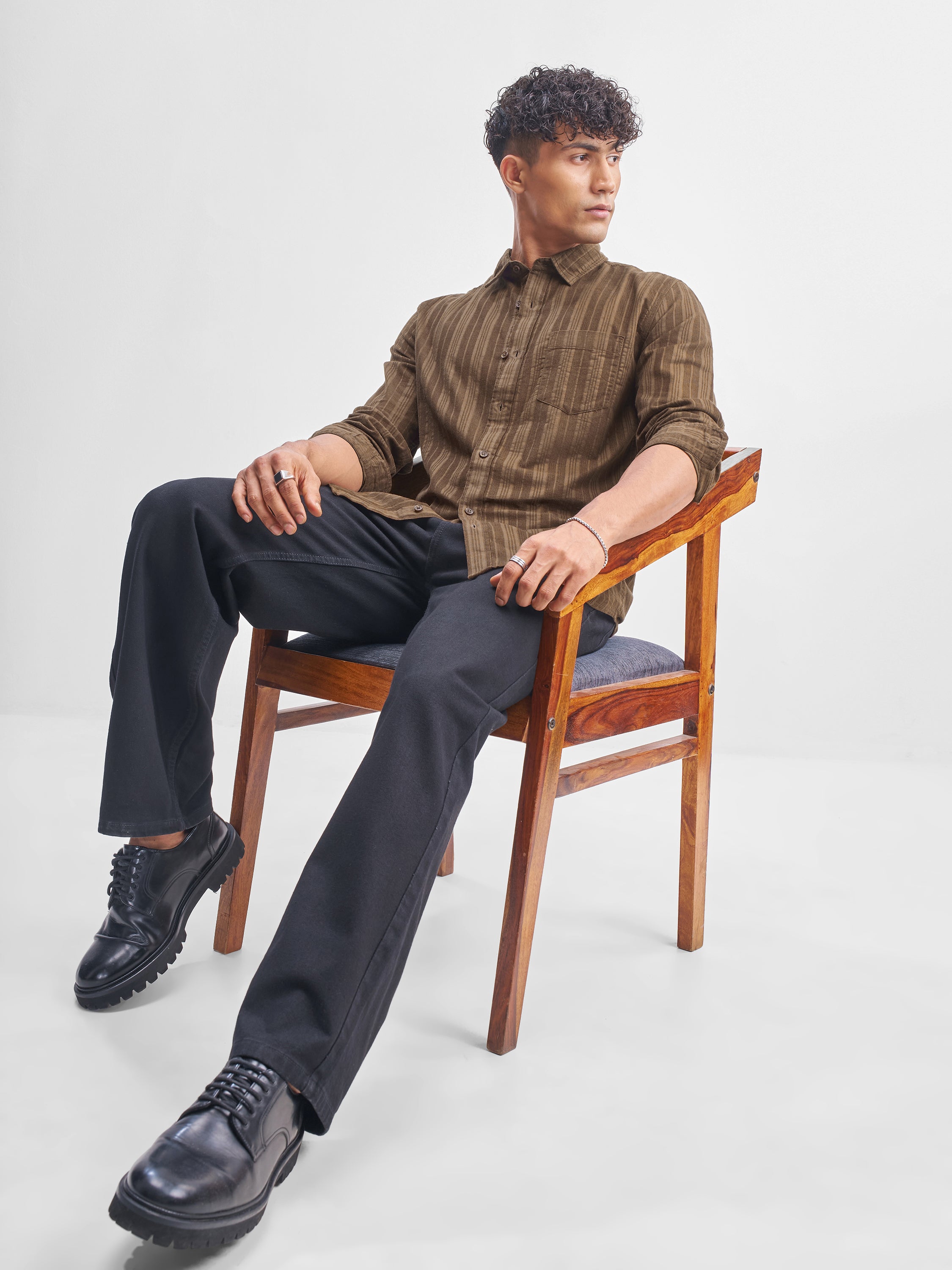 Highlander Men Brown Striped Slim Fit Casual Shirt - Brown - Image 2