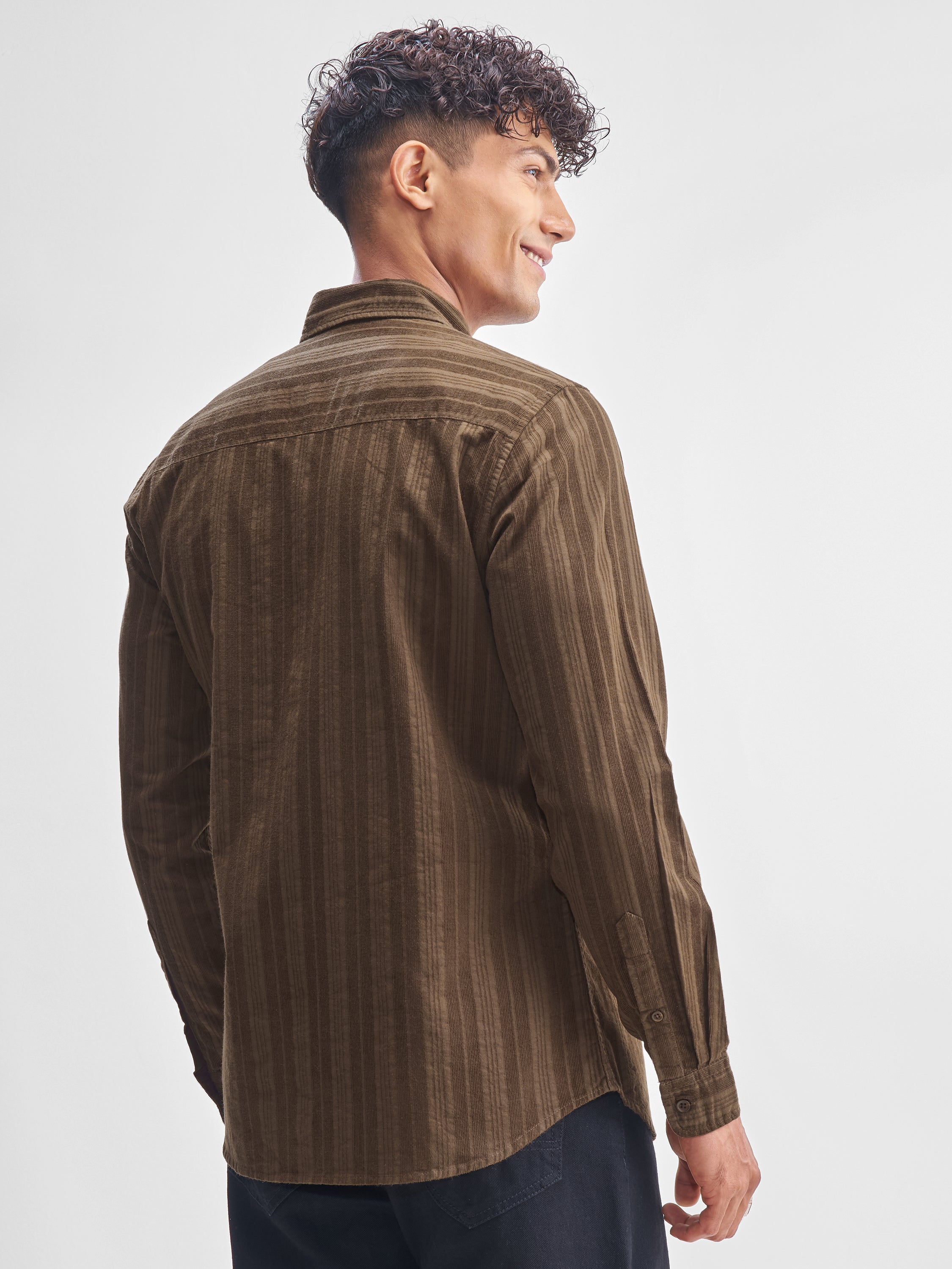 Highlander Men Brown Striped Slim Fit Casual Shirt - Brown - Image 3