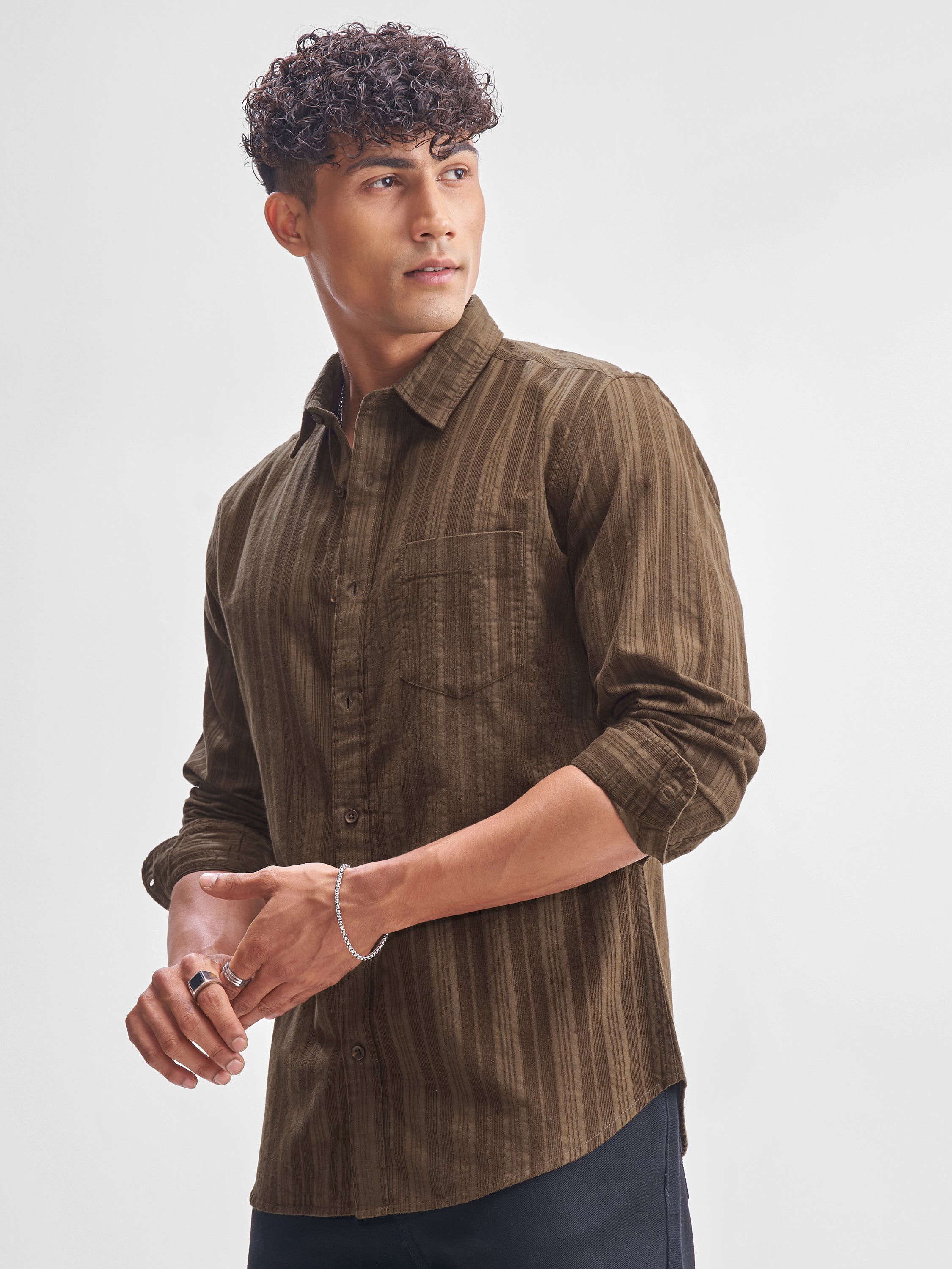 Highlander Men Brown Striped Slim Fit Casual Shirt - Brown - Image 4