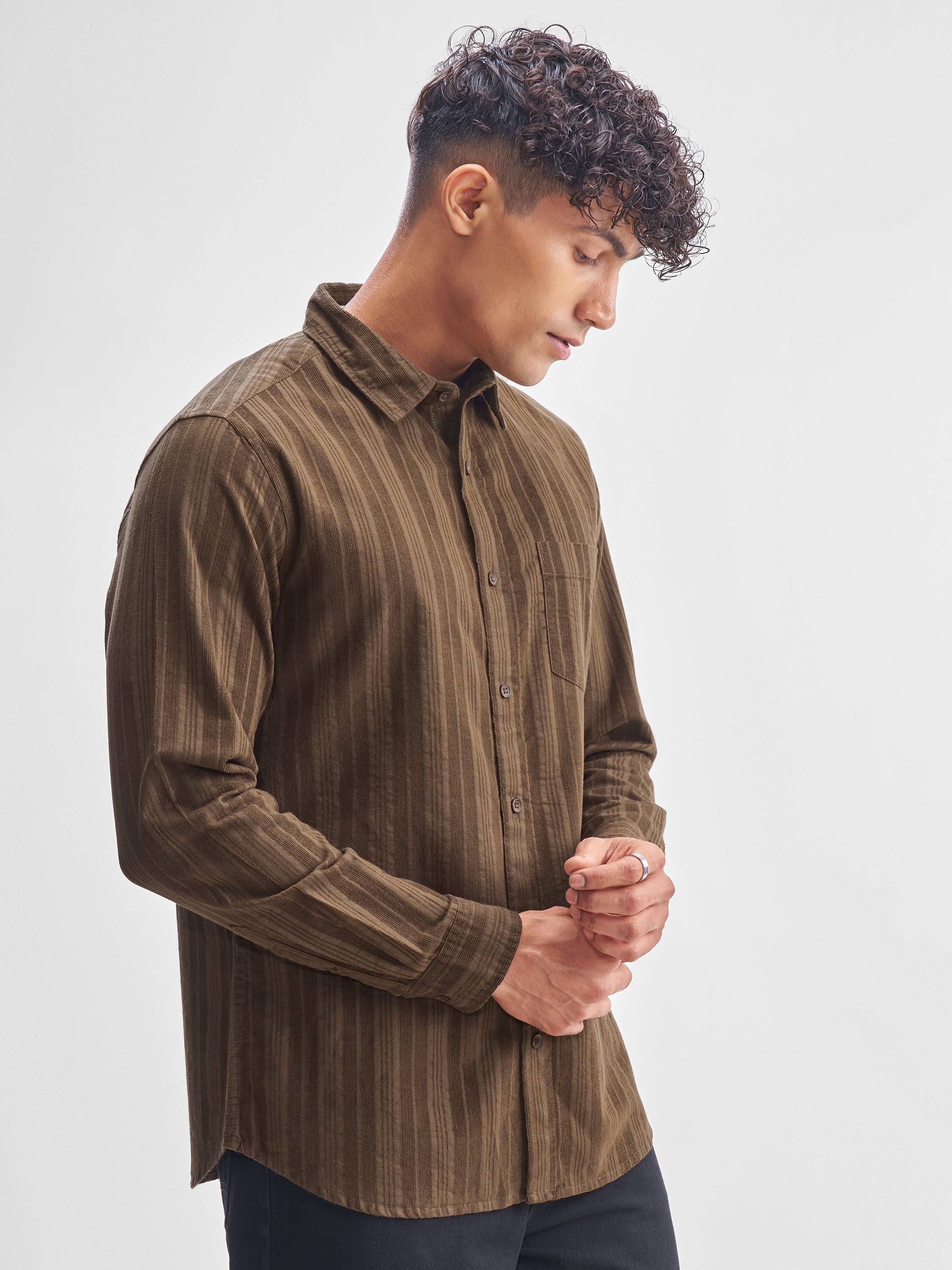Highlander Men Brown Striped Slim Fit Casual Shirt - Brown - Image 6