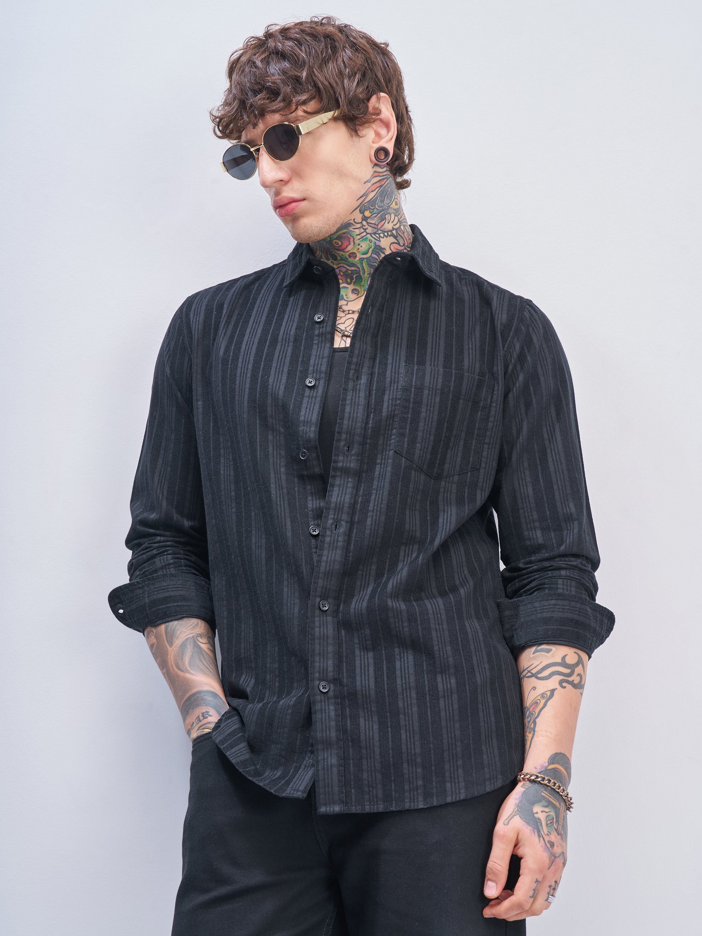 Highlander Men Black Striped Slim Fit Casual Shirt - Black - Image 1