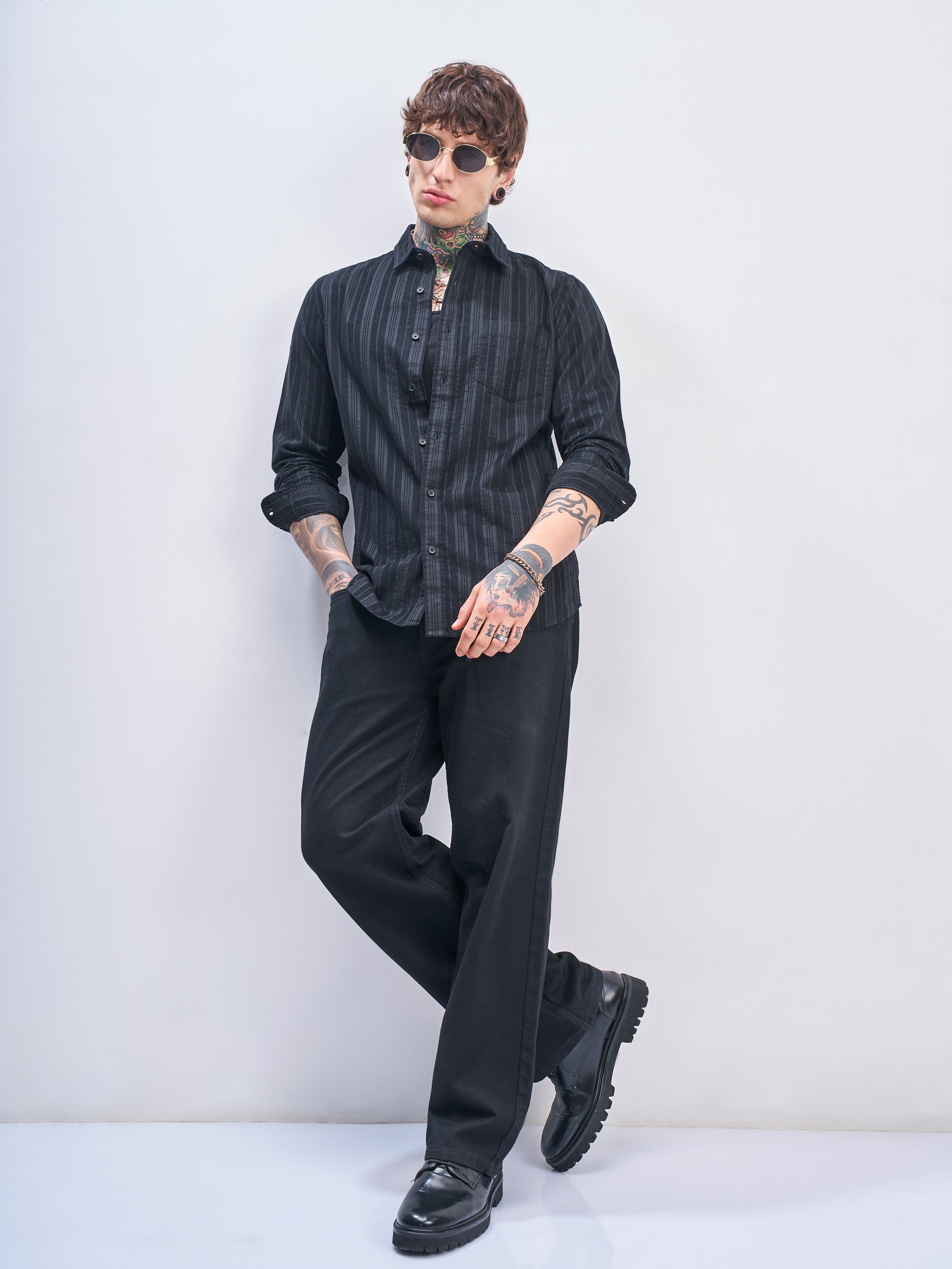Highlander Men Black Striped Slim Fit Casual Shirt - Black - Image 2