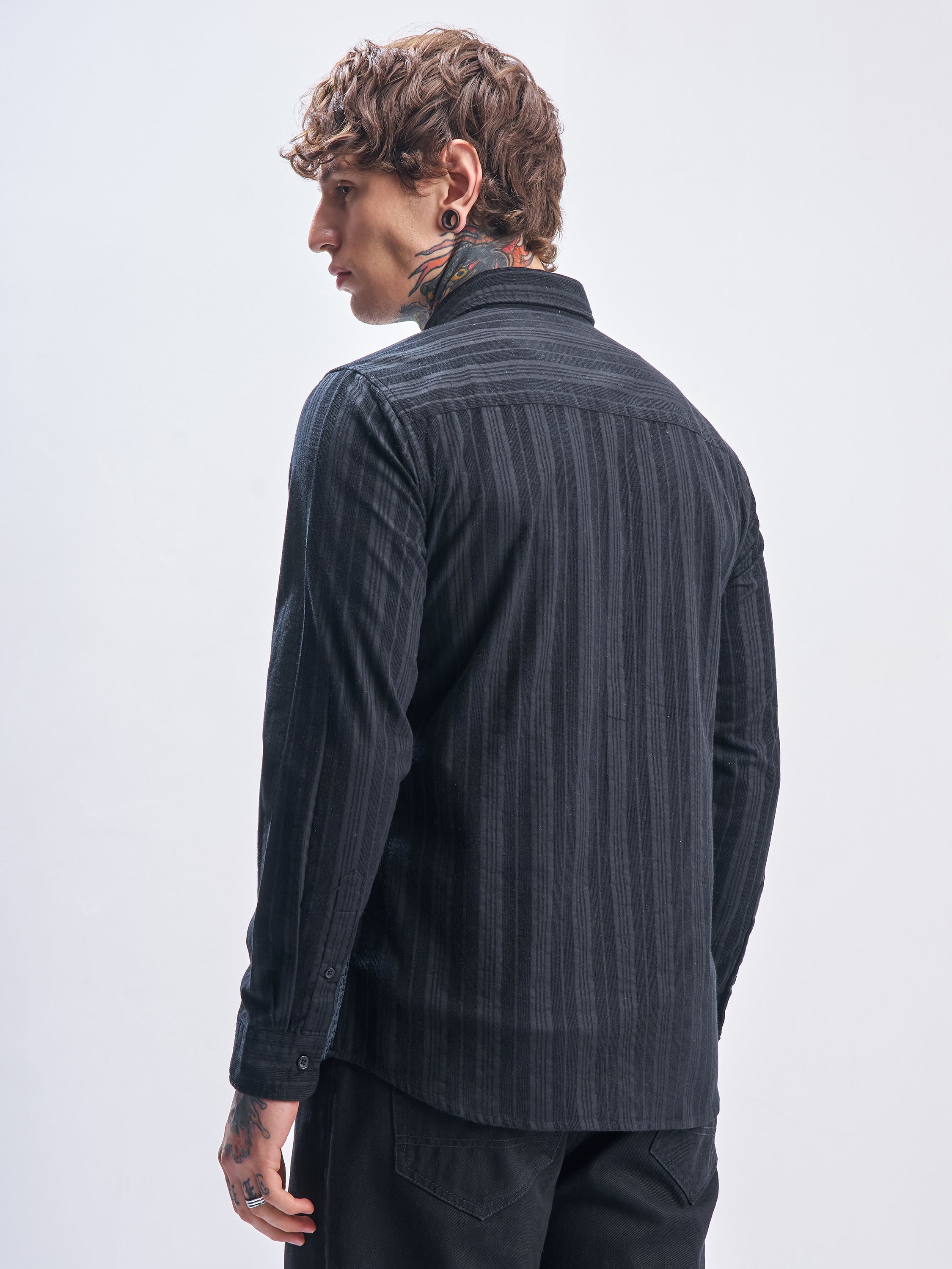 Highlander Men Black Striped Slim Fit Casual Shirt - Black - Image 3