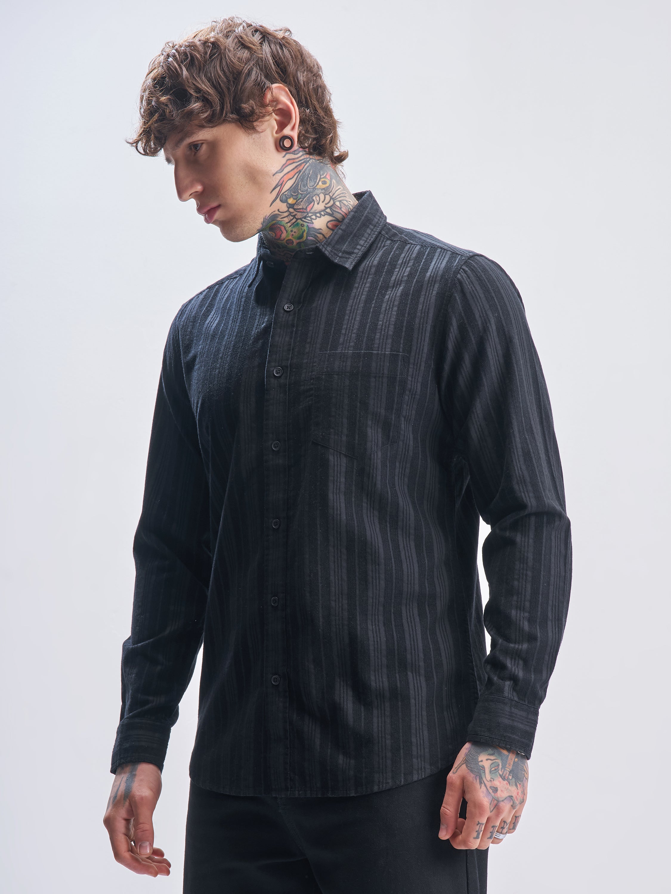 Highlander Men Black Striped Slim Fit Casual Shirt - Black - Image 4