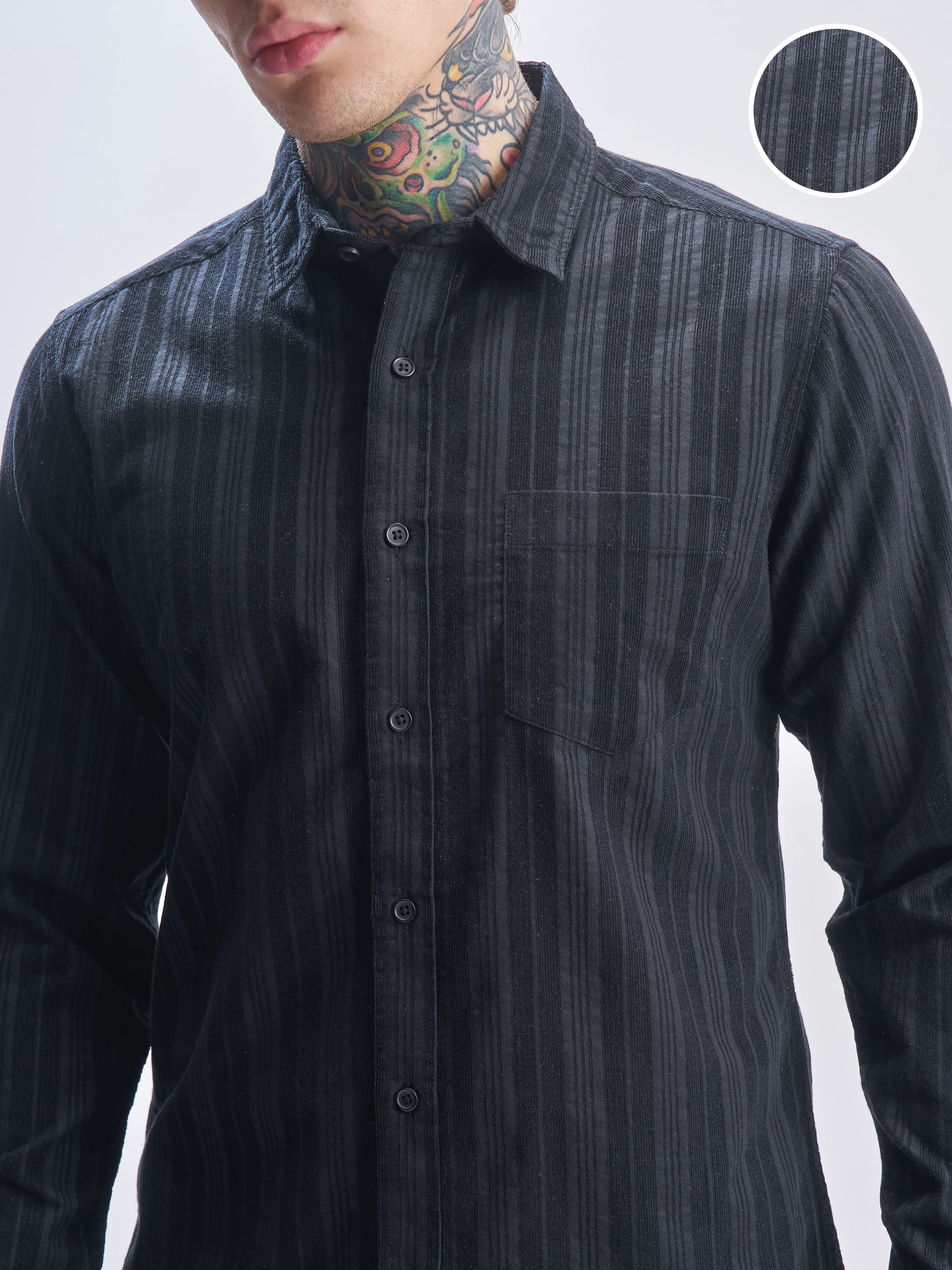 Highlander Men Black Striped Slim Fit Casual Shirt - Black - Image 5