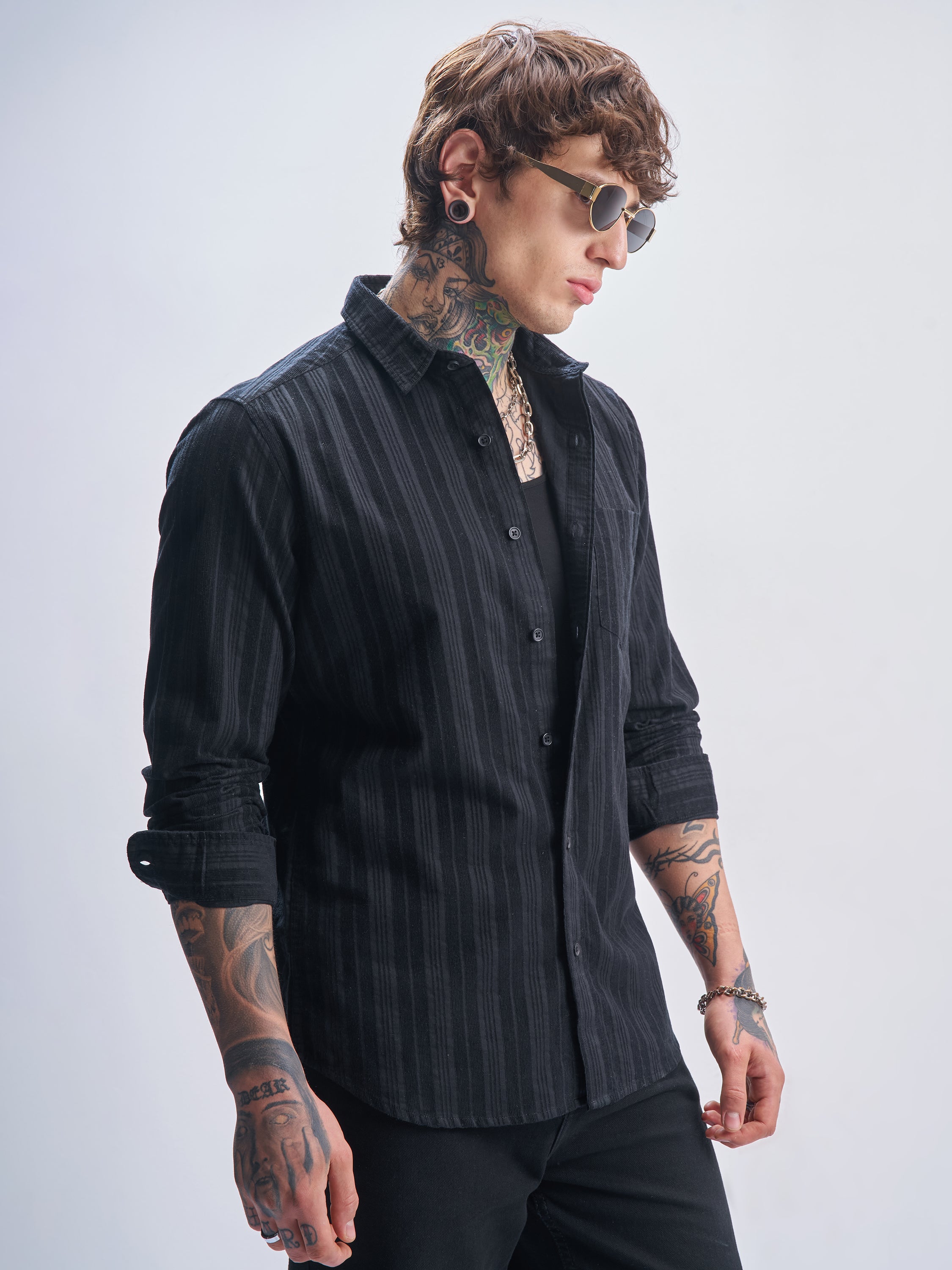 Highlander Men Black Striped Slim Fit Casual Shirt - Black - Image 6