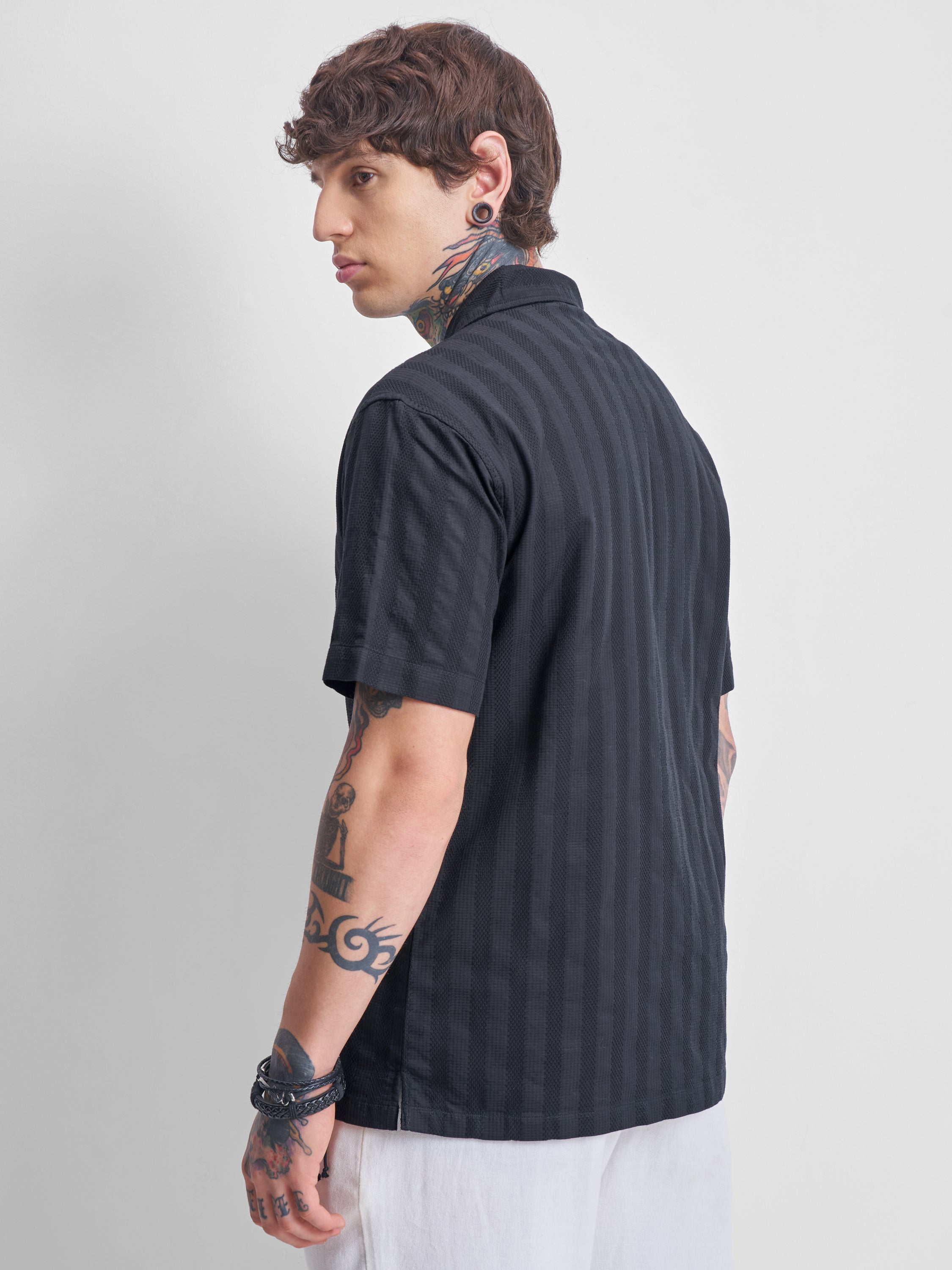 Highlander Men Black Self Design Relaxed Fit Casual Shirt - Black - Image 3