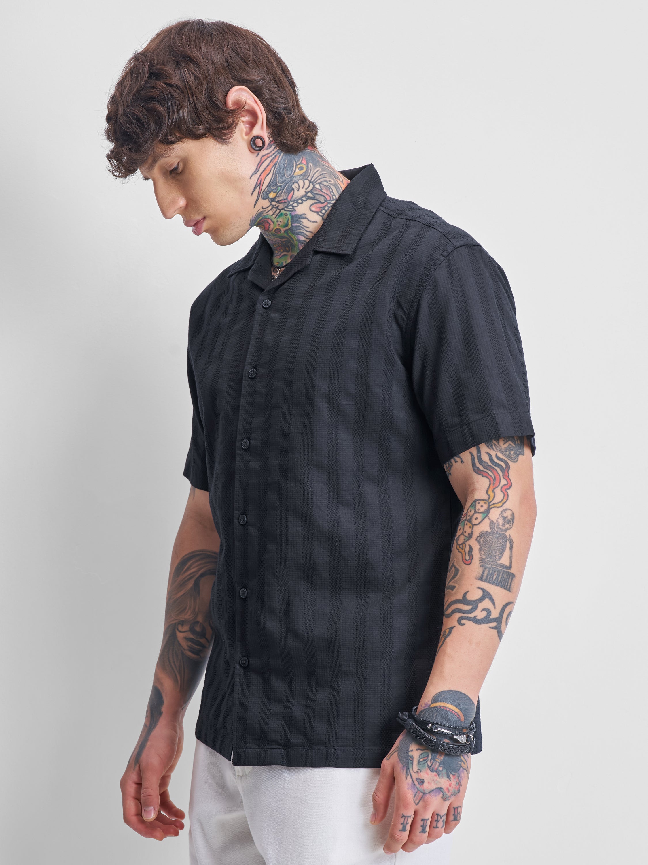 Highlander Men Black Self Design Relaxed Fit Casual Shirt - Black - Image 4