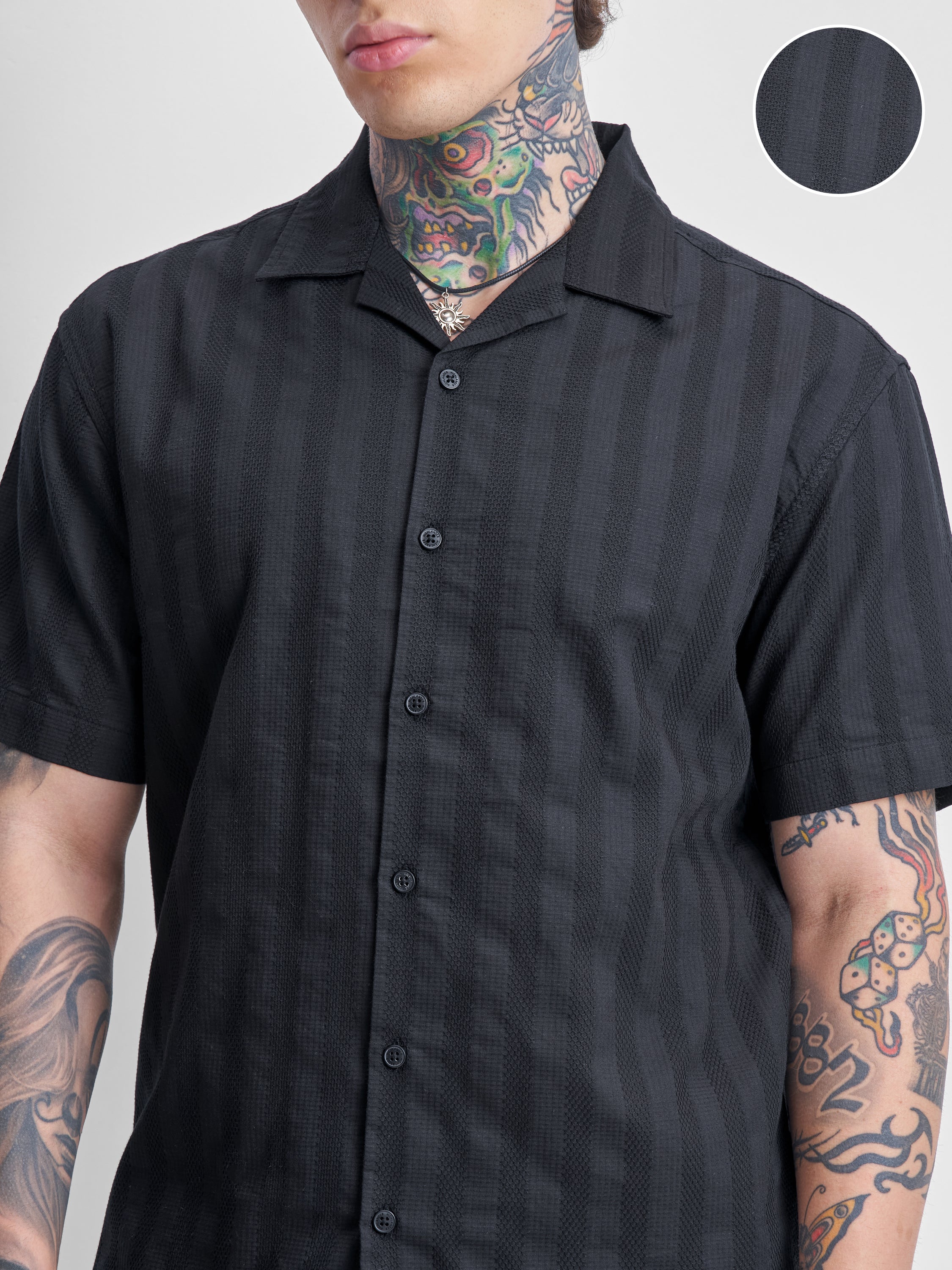 Highlander Men Black Self Design Relaxed Fit Casual Shirt - Black - Image 5