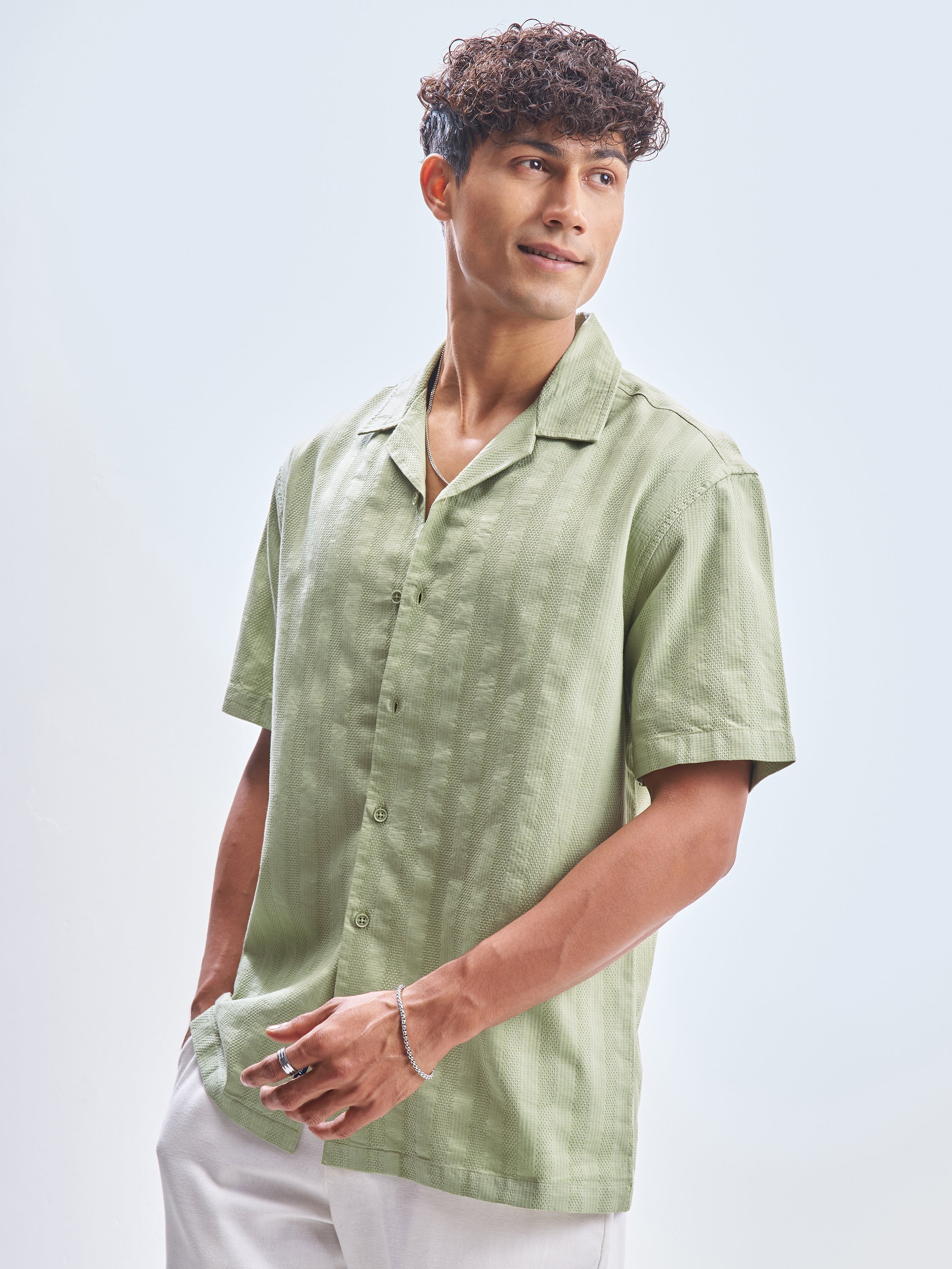 Highlander Men Green Self Design Relaxed Fit Casual Shirt - Green - Image 4