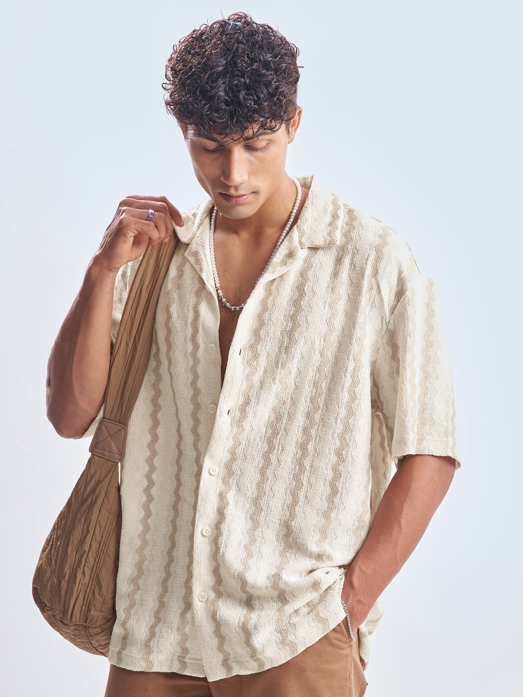 Highlander Men Cream Striped Relaxed Fit Casual Shirt - Cream - Image 1