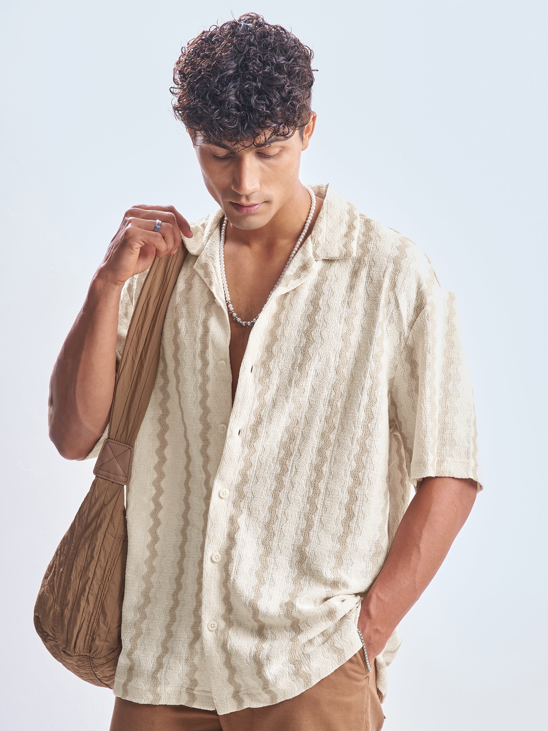 Highlander Men Cream Striped Relaxed Fit Casual Shirt - Cream - Image 1