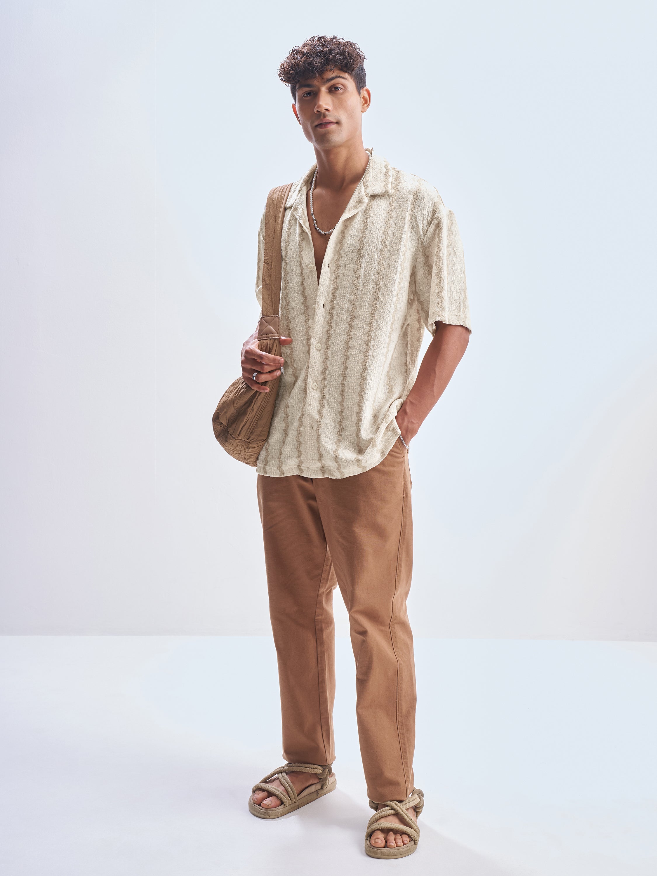 Highlander Men Cream Striped Relaxed Fit Casual Shirt - Cream - Image 2