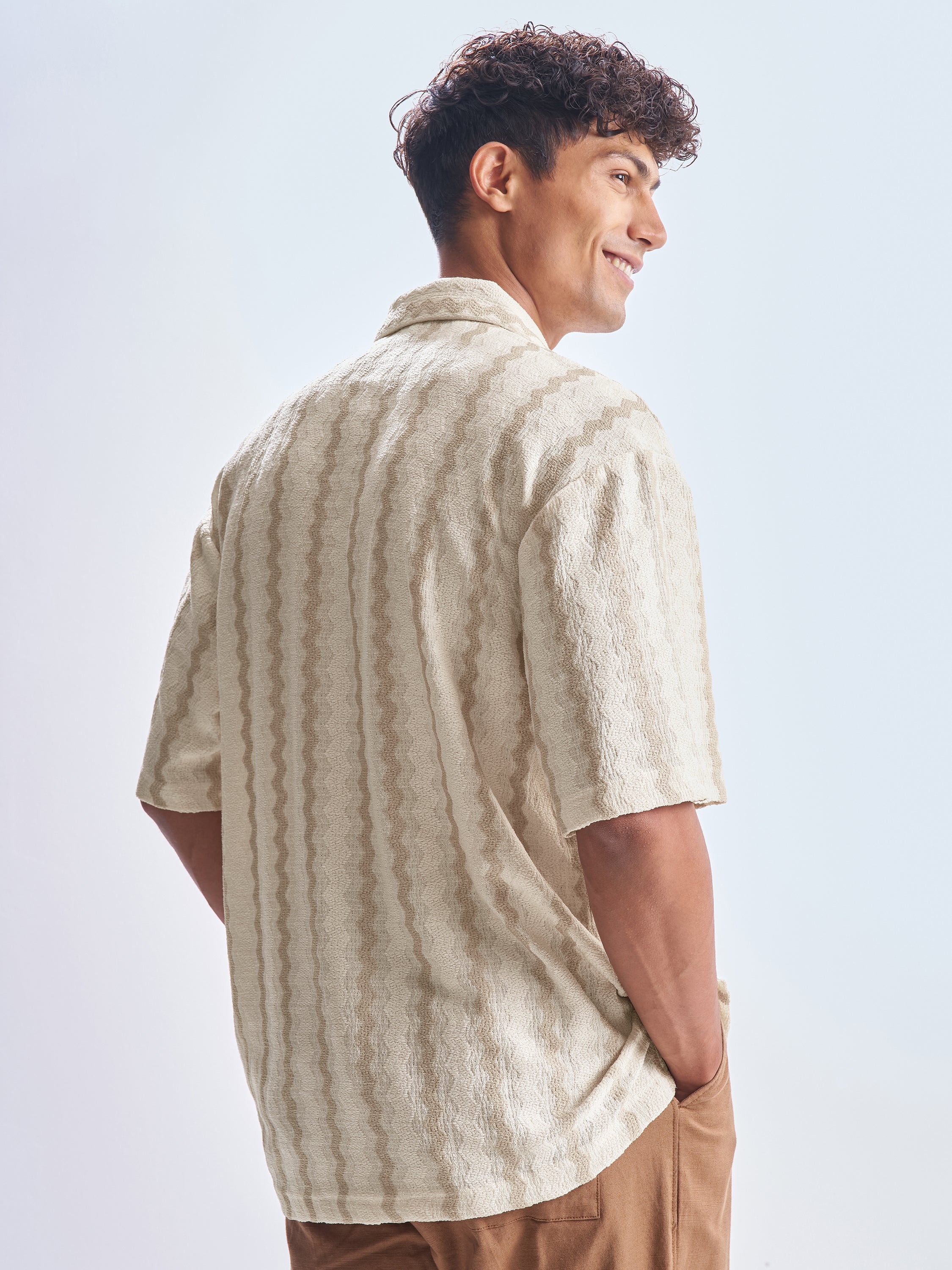 Highlander Men Cream Striped Relaxed Fit Casual Shirt - Cream - Image 3