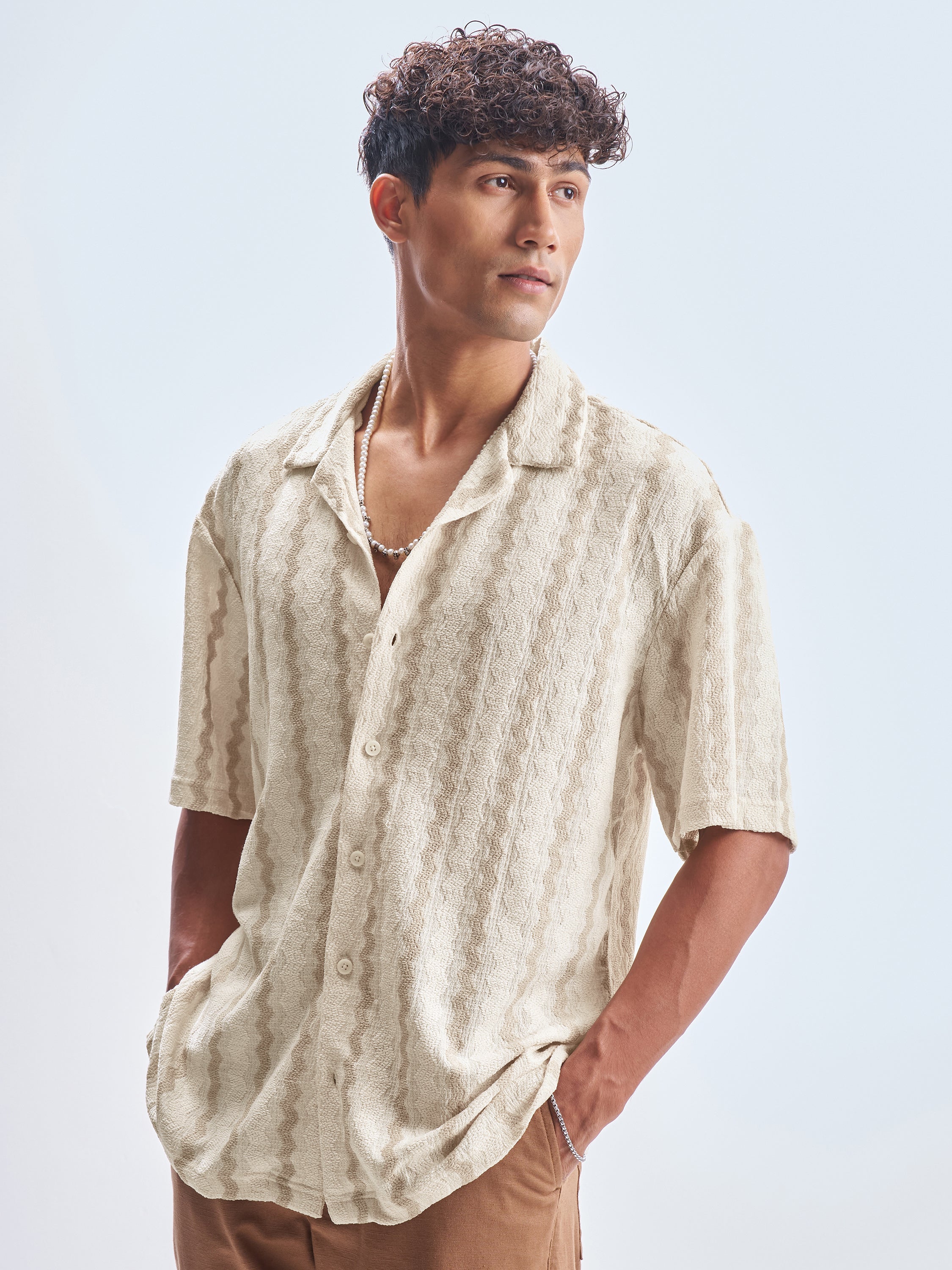 Highlander Men Cream Striped Relaxed Fit Casual Shirt - Cream - Image 4