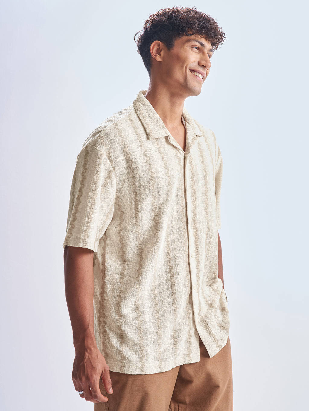 Highlander Men Cream Striped Relaxed Fit Casual Shirt - Cream - Image 6