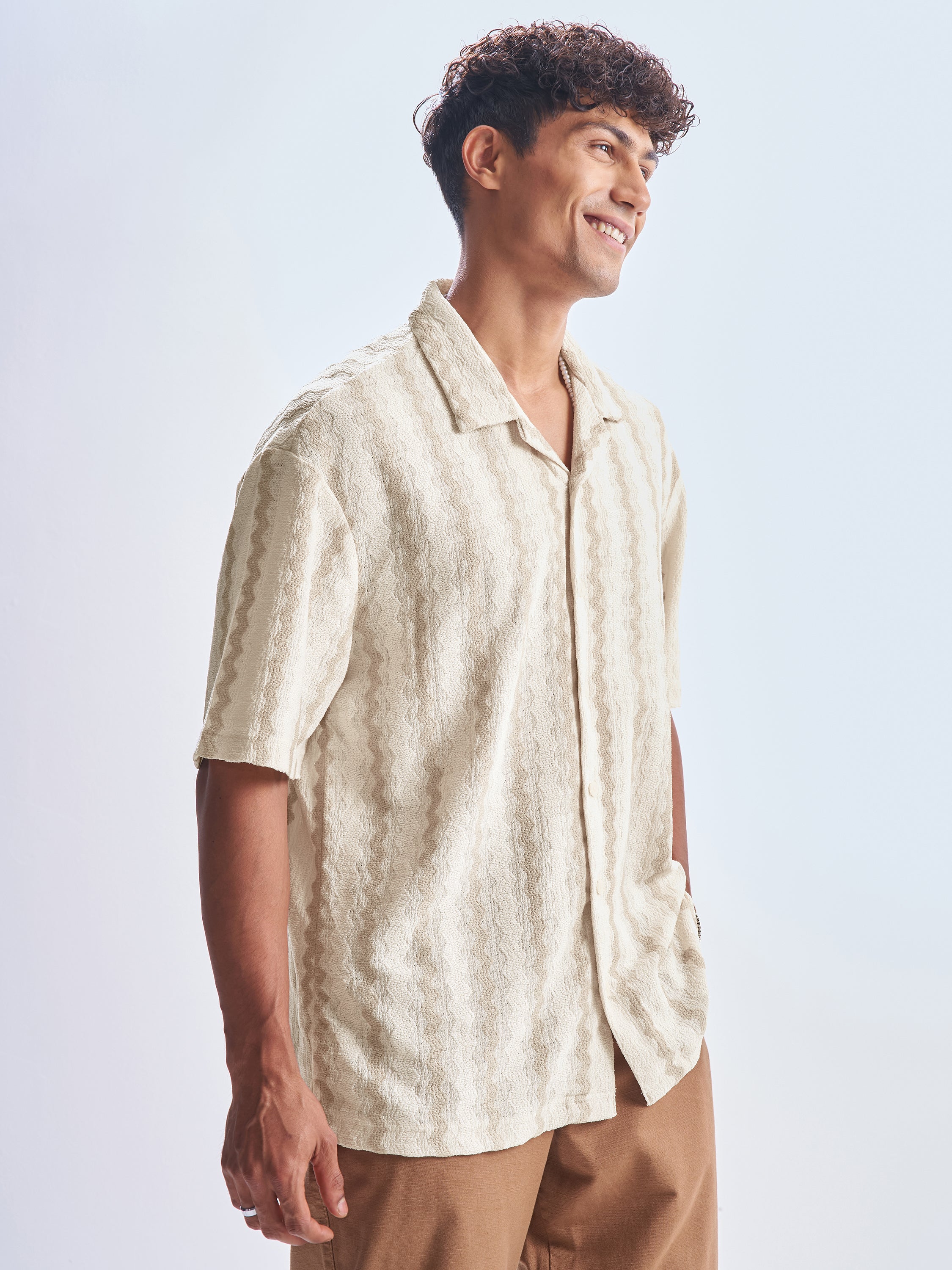 Highlander Men Cream Striped Relaxed Fit Casual Shirt - Cream - Image 6