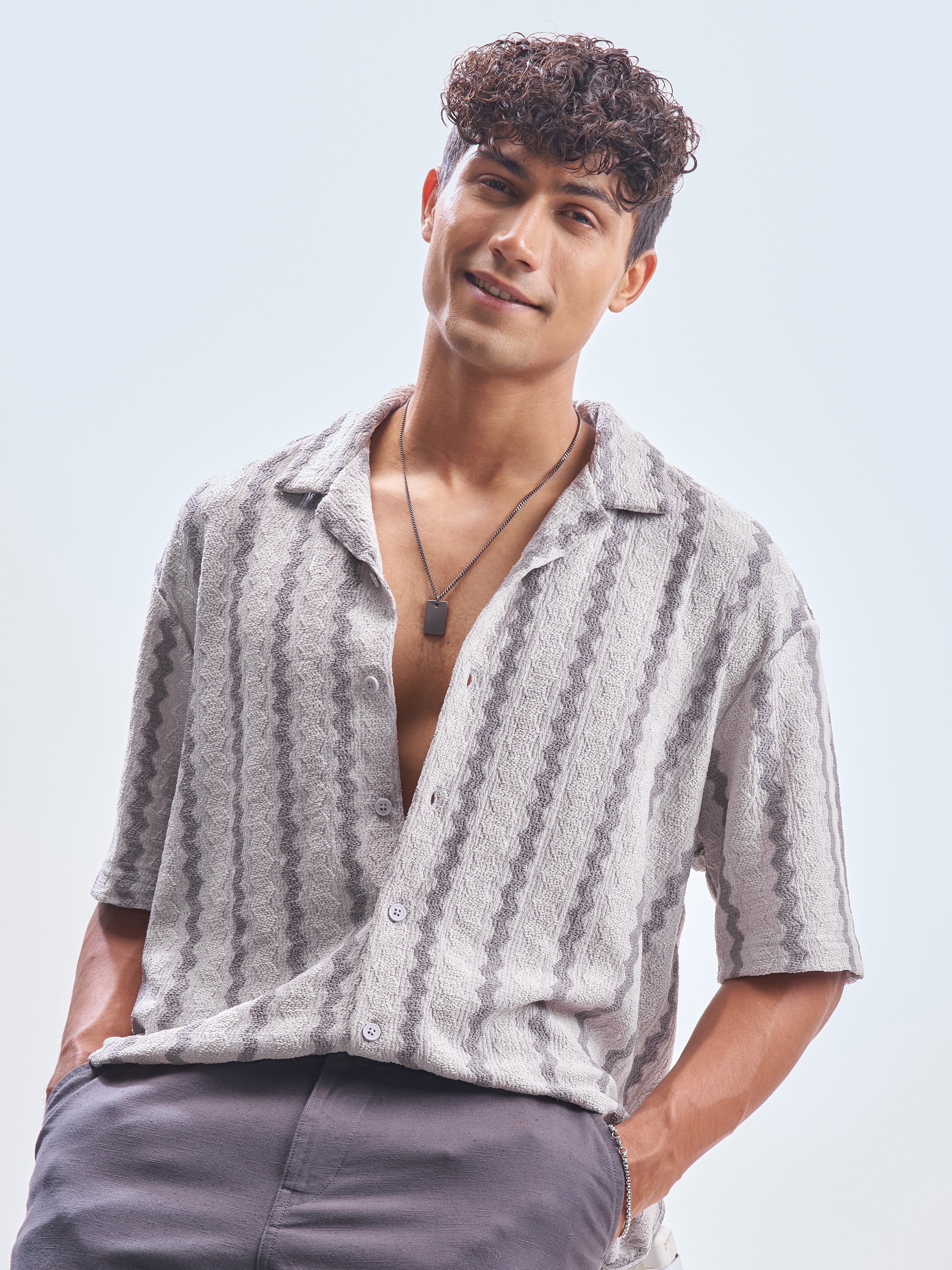 Highlander Men Grey Striped Relaxed Fit Casual Shirt - Grey - Image 1