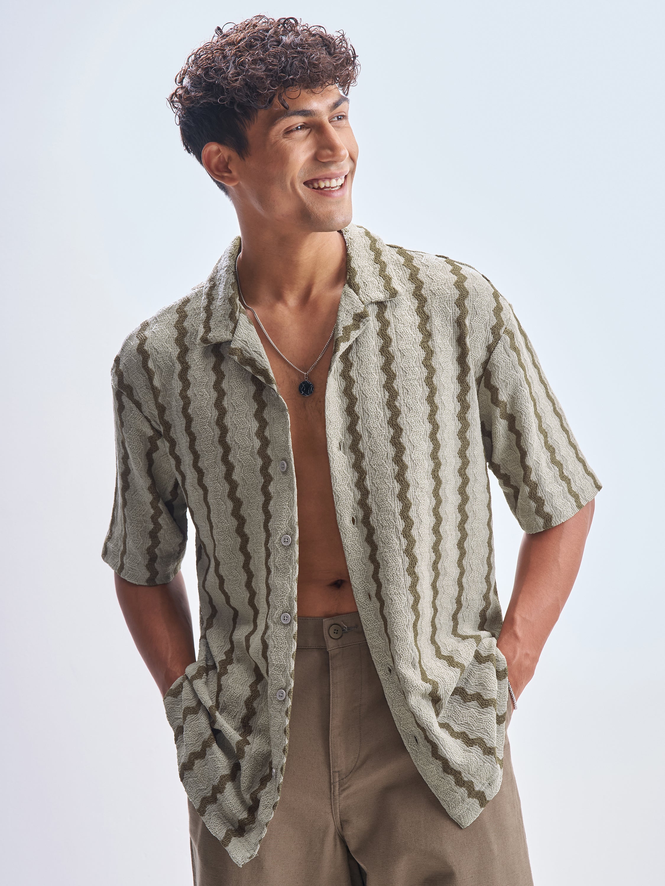 Highlander Men Olive Striped Relaxed Fit Casual Shirt - Olive - Image 1