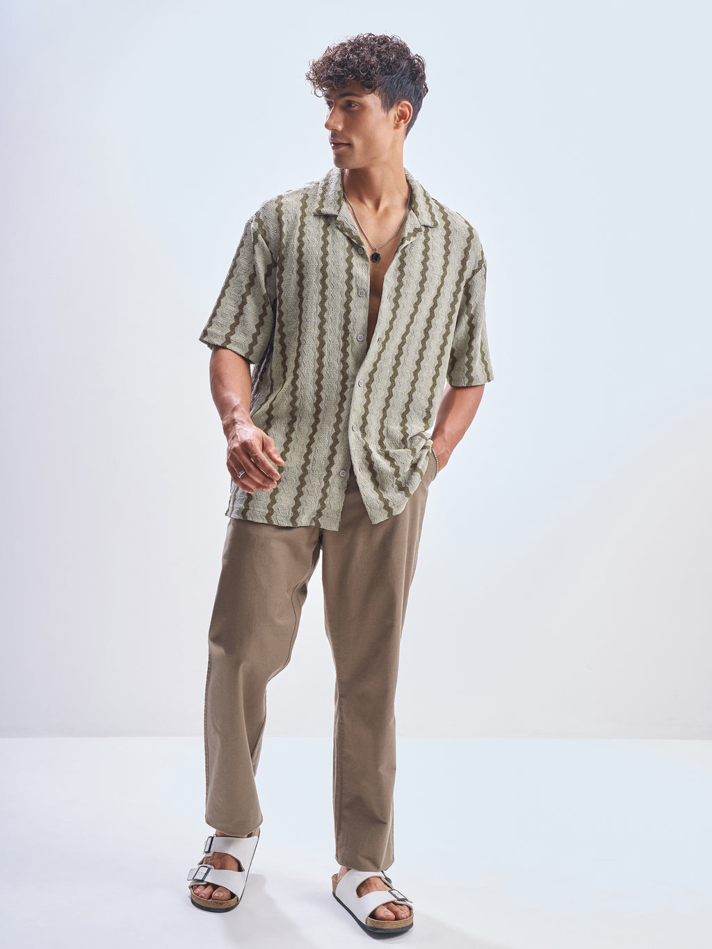 Highlander Men Olive Striped Relaxed Fit Casual Shirt - Olive - Image 2