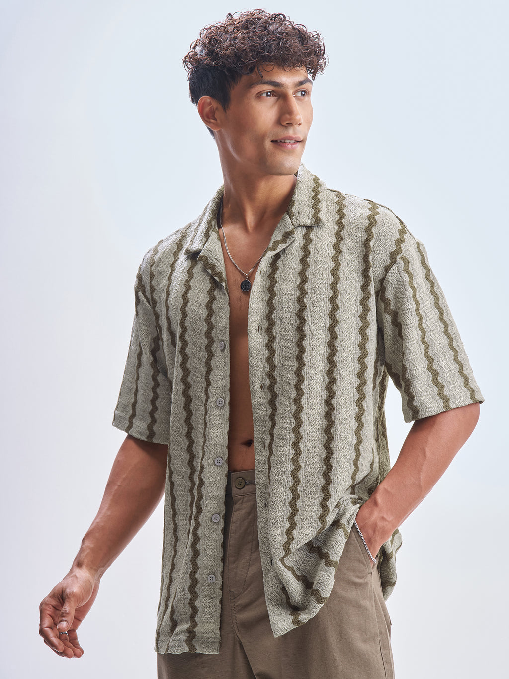 Highlander Men Olive Striped Relaxed Fit Casual Shirt - Olive - Image 4