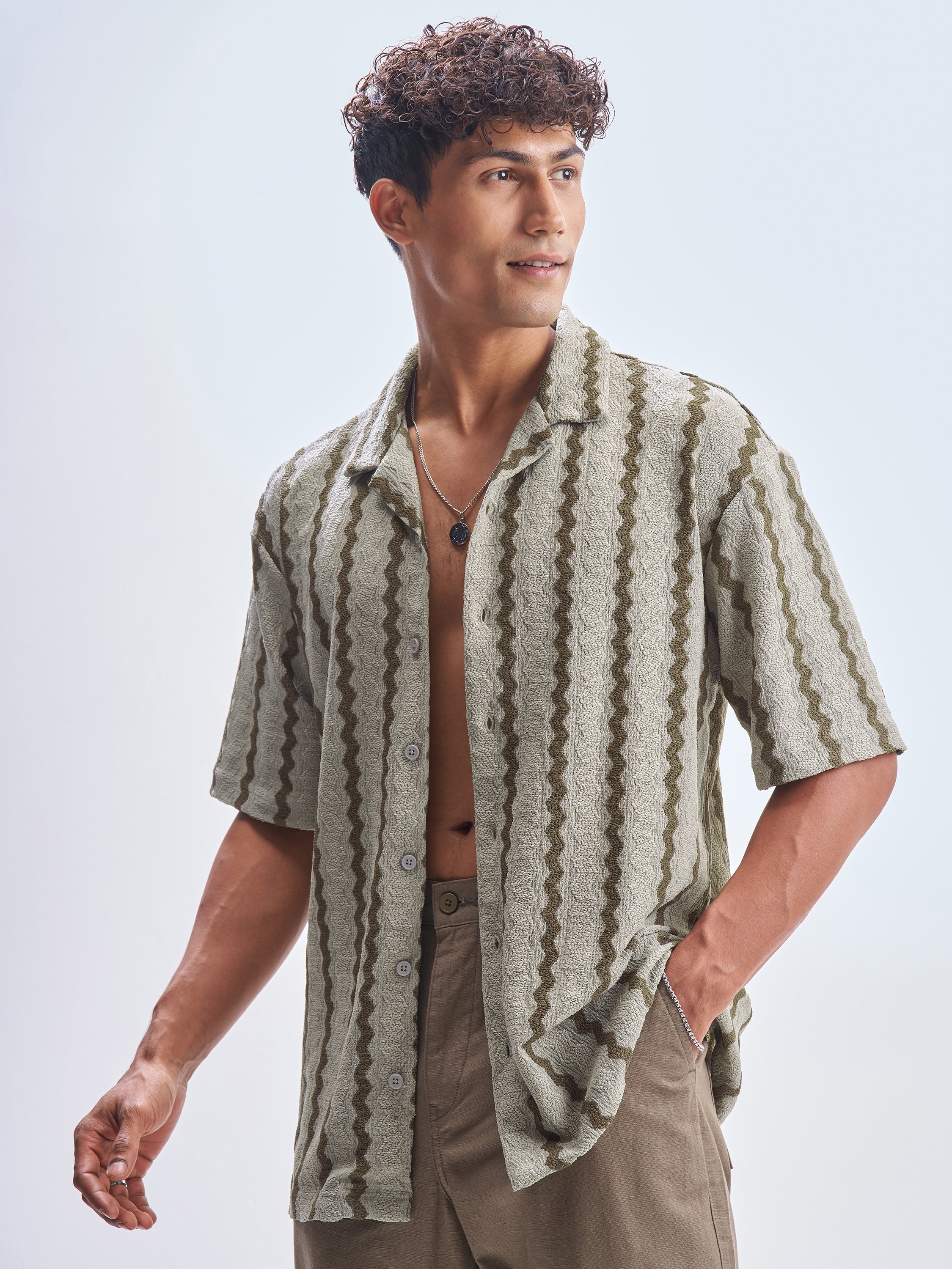 Highlander Men Olive Striped Relaxed Fit Casual Shirt - Olive - Image 4