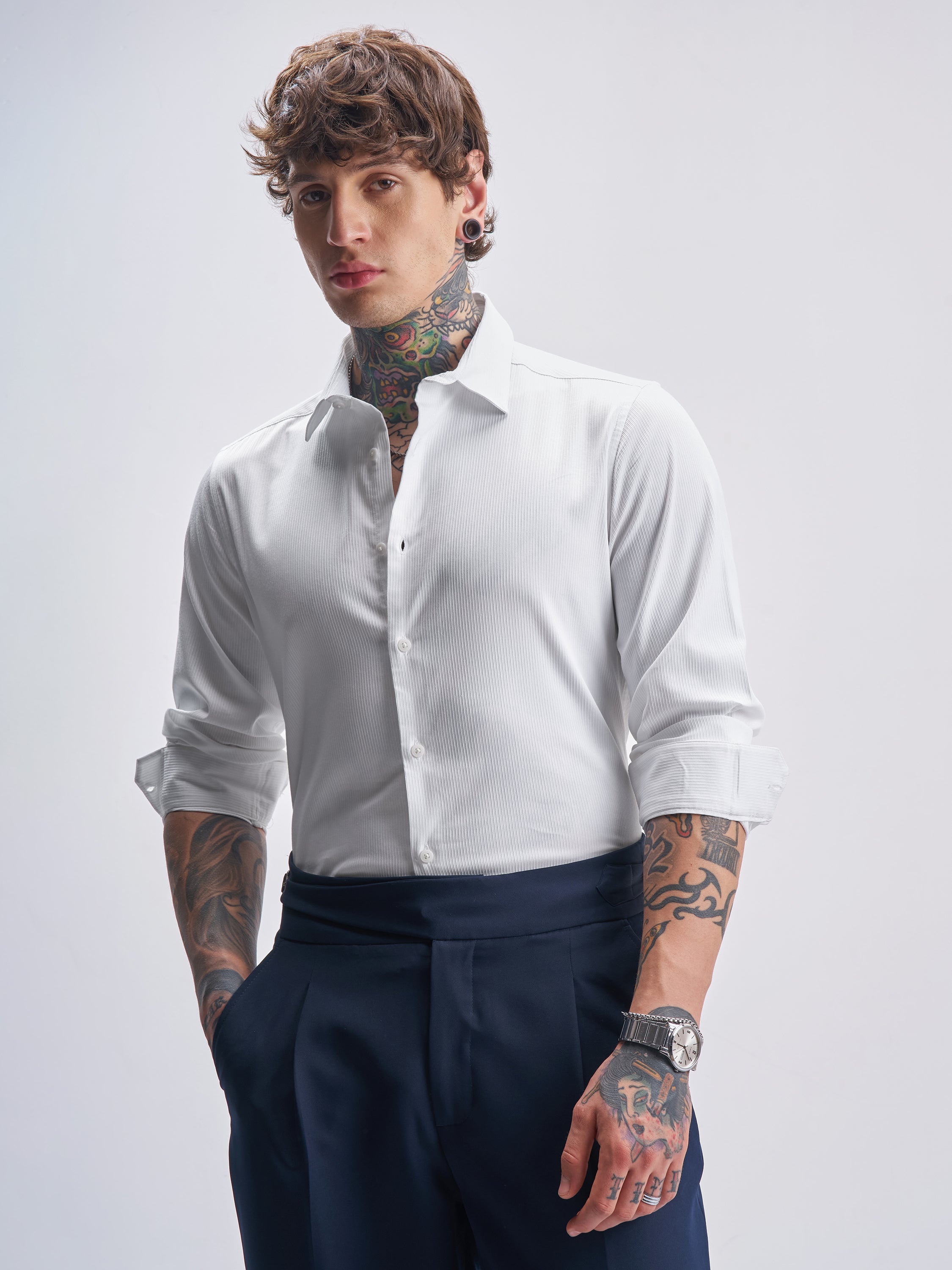 Highlander Men White Self Design Slim Fit Casual Shirt - White - Image 1