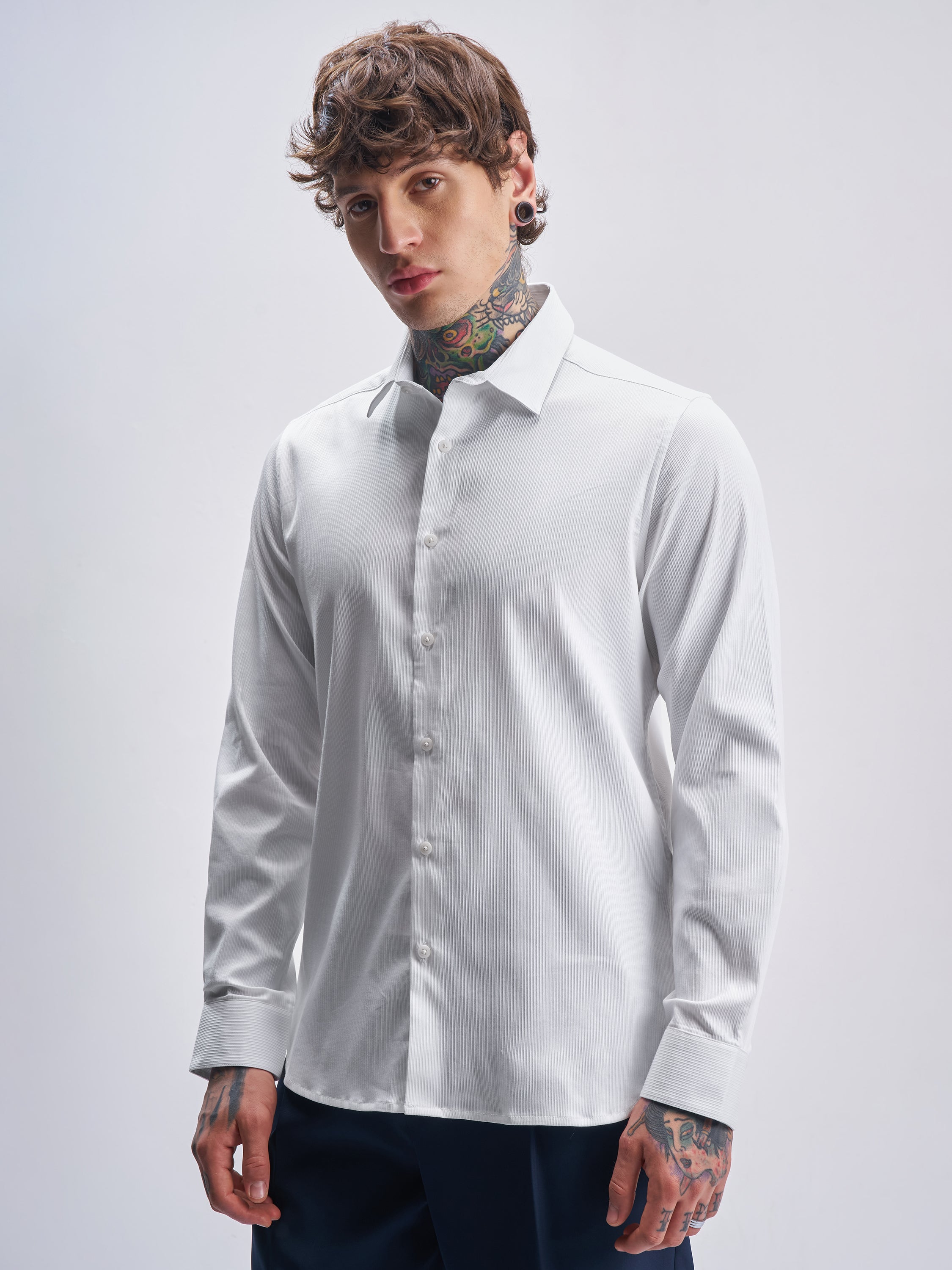 Highlander Men White Self Design Slim Fit Casual Shirt - White - Image 4