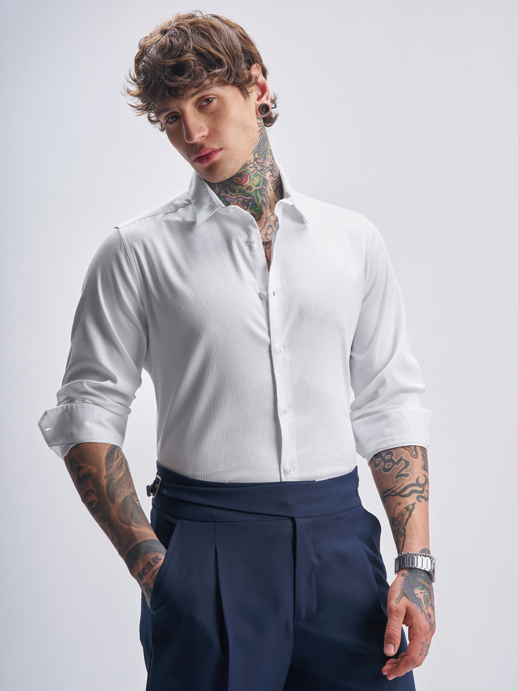 Highlander Men White Self Design Slim Fit Casual Shirt - White - Image 6