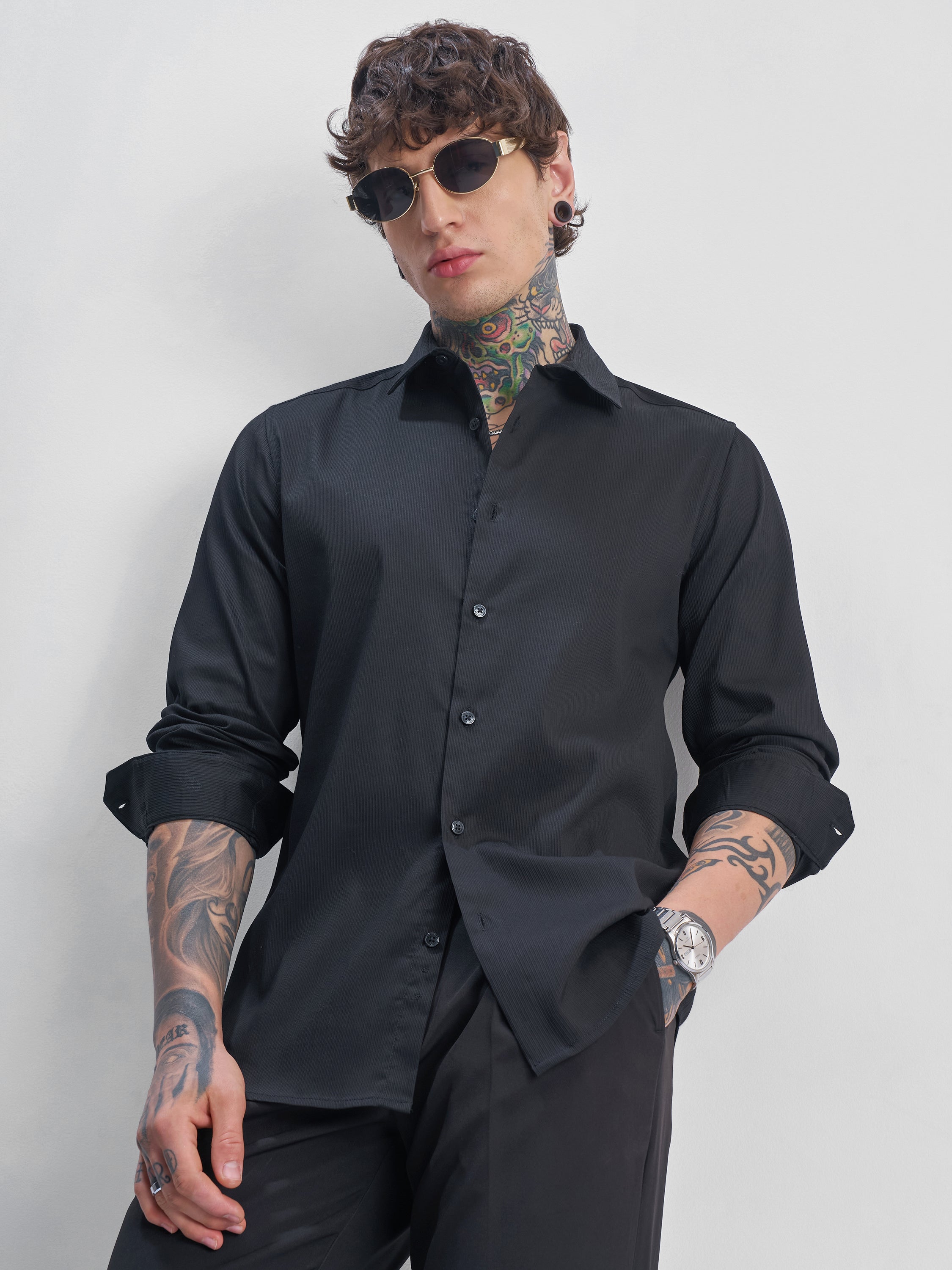 Highlander Men Black Self Design Slim Fit Casual Shirt - Black - Image 1