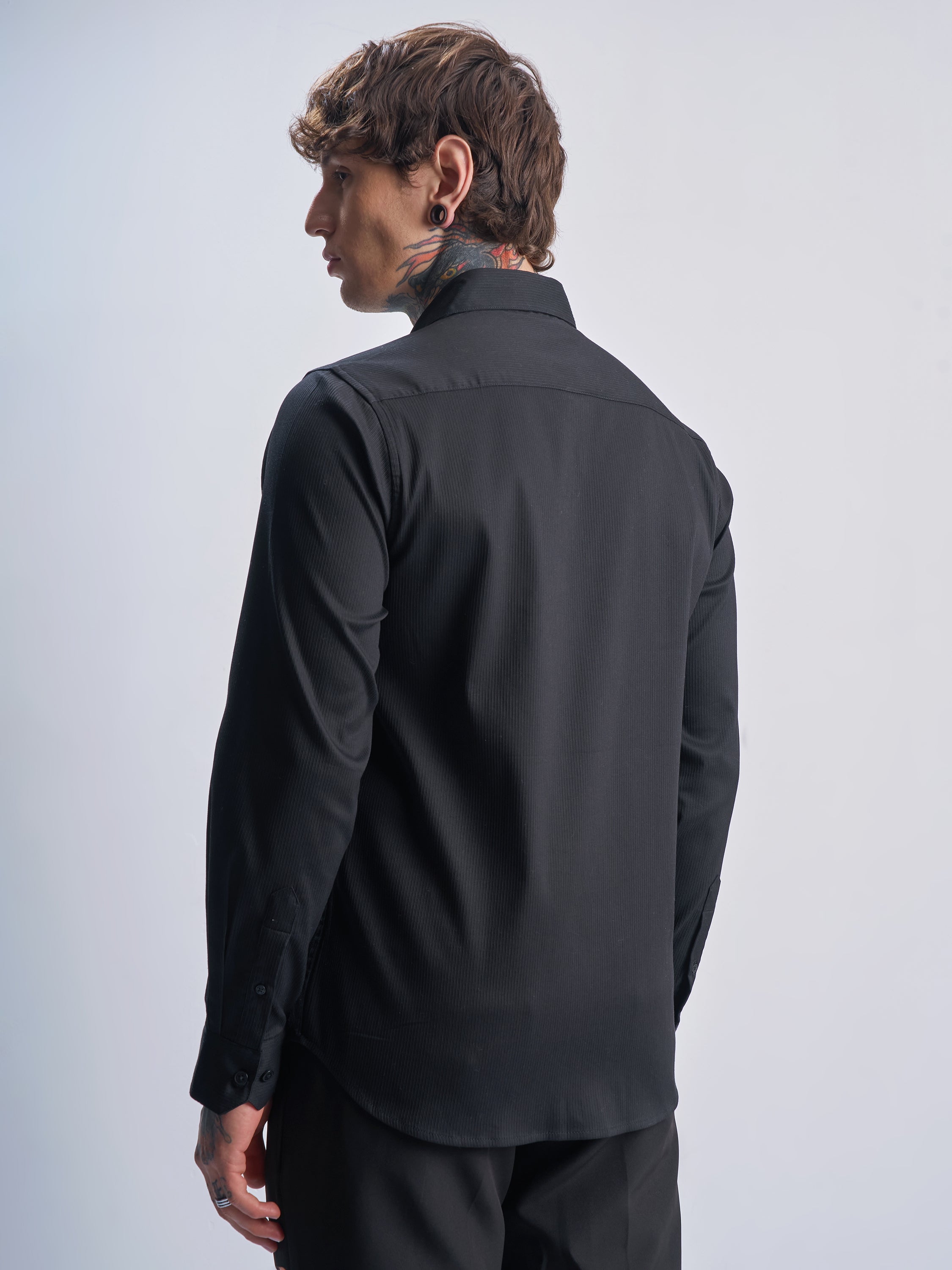 Highlander Men Black Self Design Slim Fit Casual Shirt - Black - Image 3
