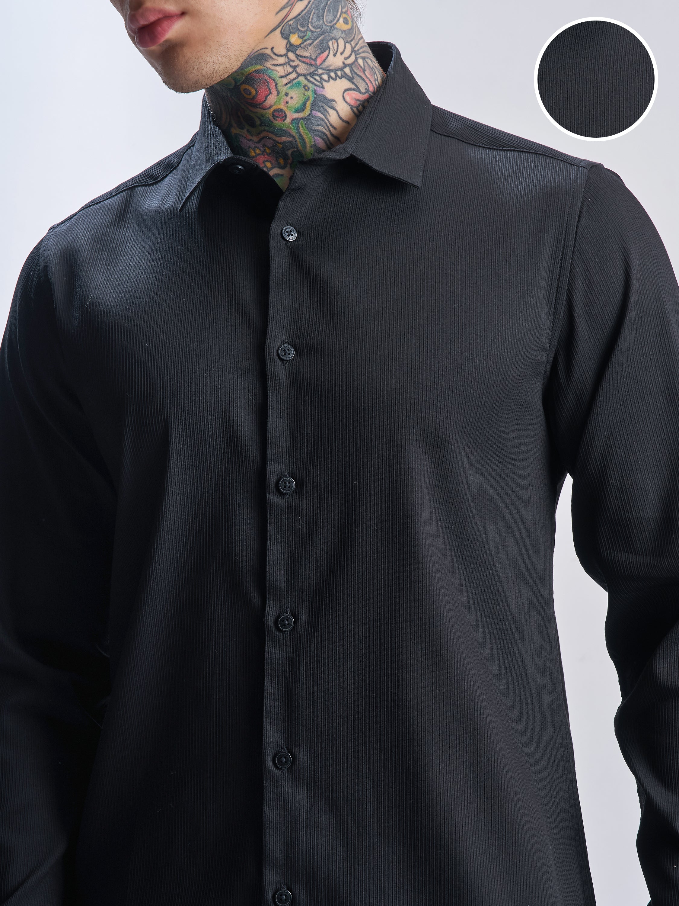 Highlander Men Black Self Design Slim Fit Casual Shirt - Black - Image 5