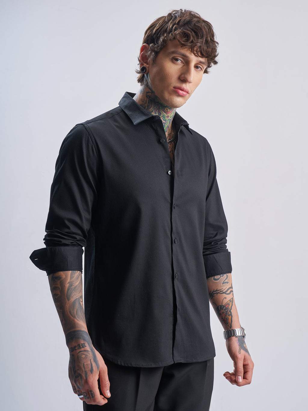 Highlander Men Black Self Design Slim Fit Casual Shirt - Black - Image 6