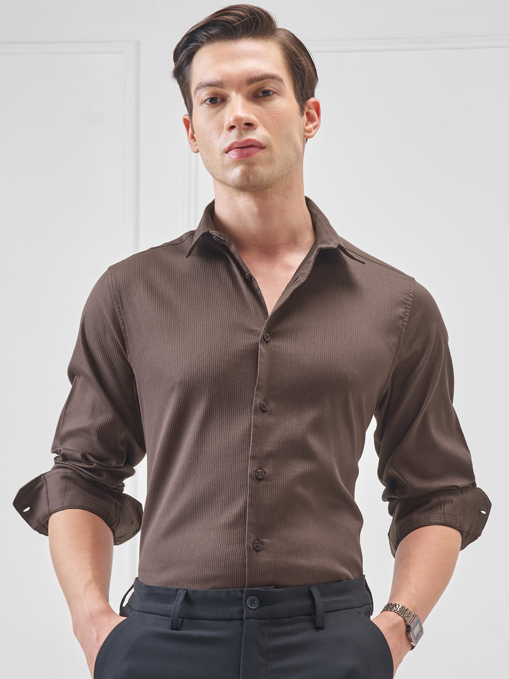 Highlander Men Brown Self Design Slim Fit Casual Shirt - Brown - Image 1