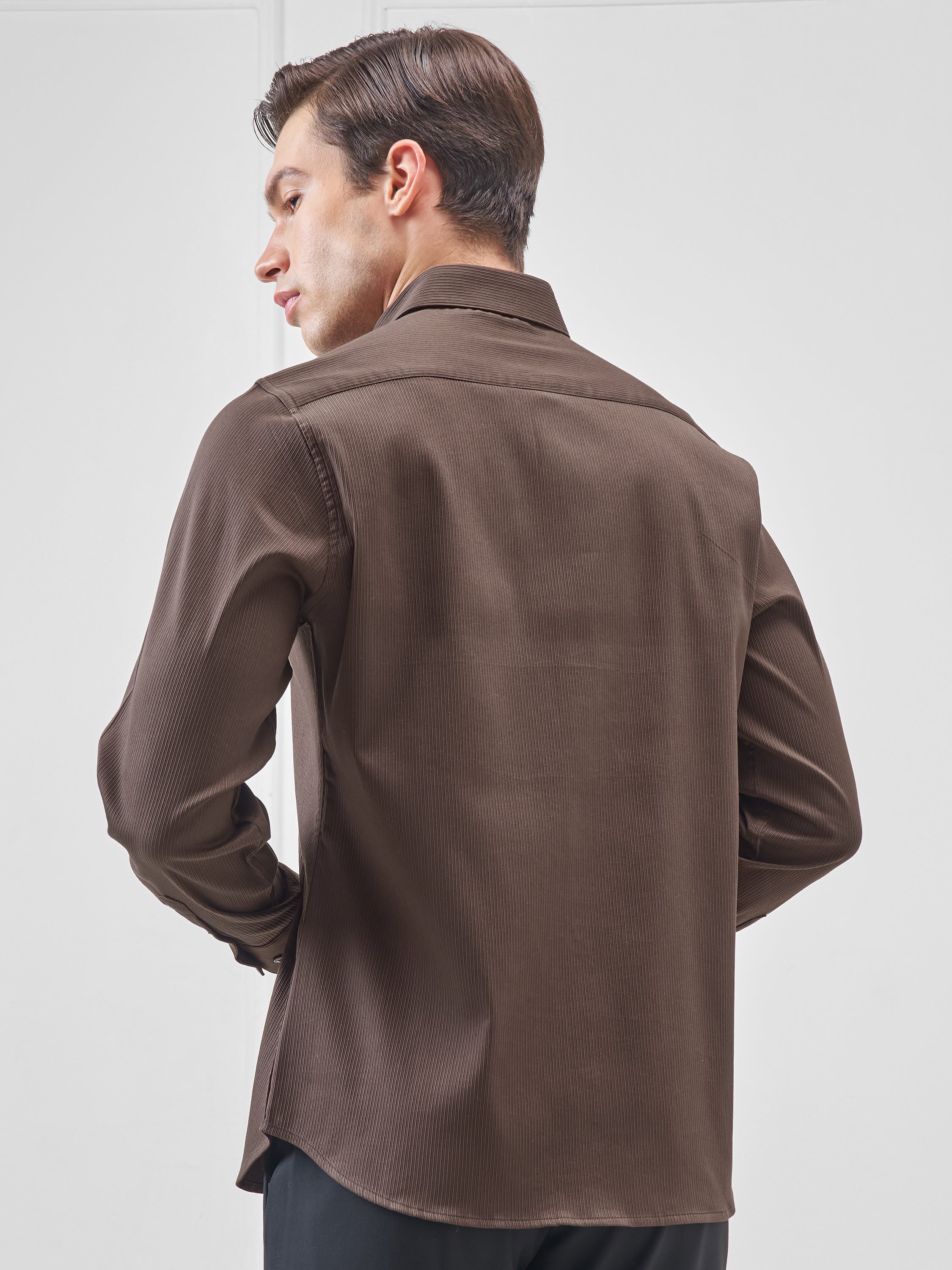 Highlander Men Brown Self Design Slim Fit Casual Shirt - Brown - Image 3