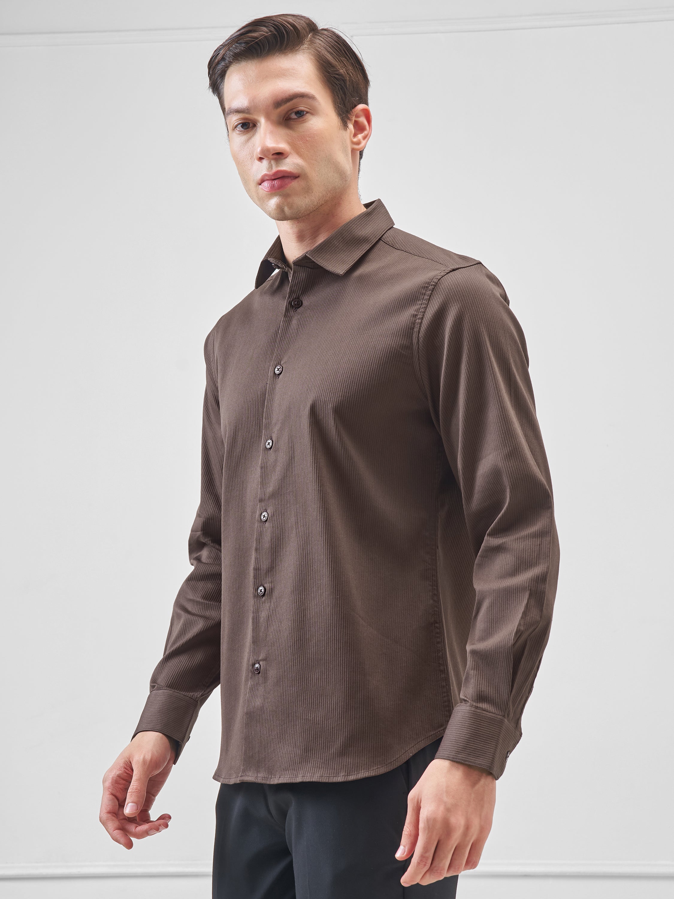 Highlander Men Brown Self Design Slim Fit Casual Shirt - Brown - Image 4