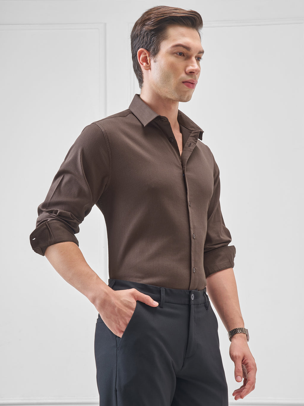 Highlander Men Brown Self Design Slim Fit Casual Shirt - Brown - Image 6