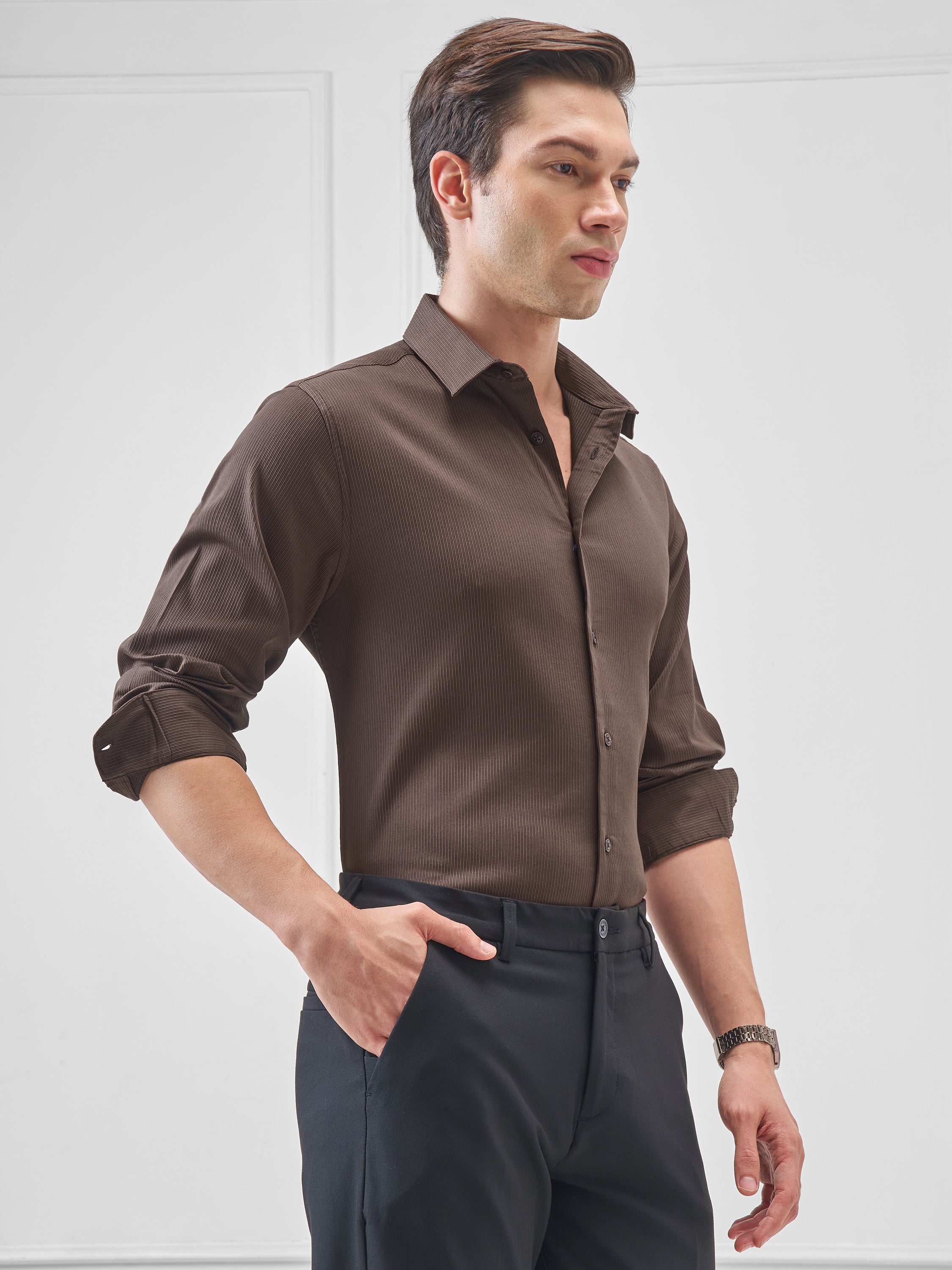 Highlander Men Brown Self Design Slim Fit Casual Shirt - Brown - Image 6