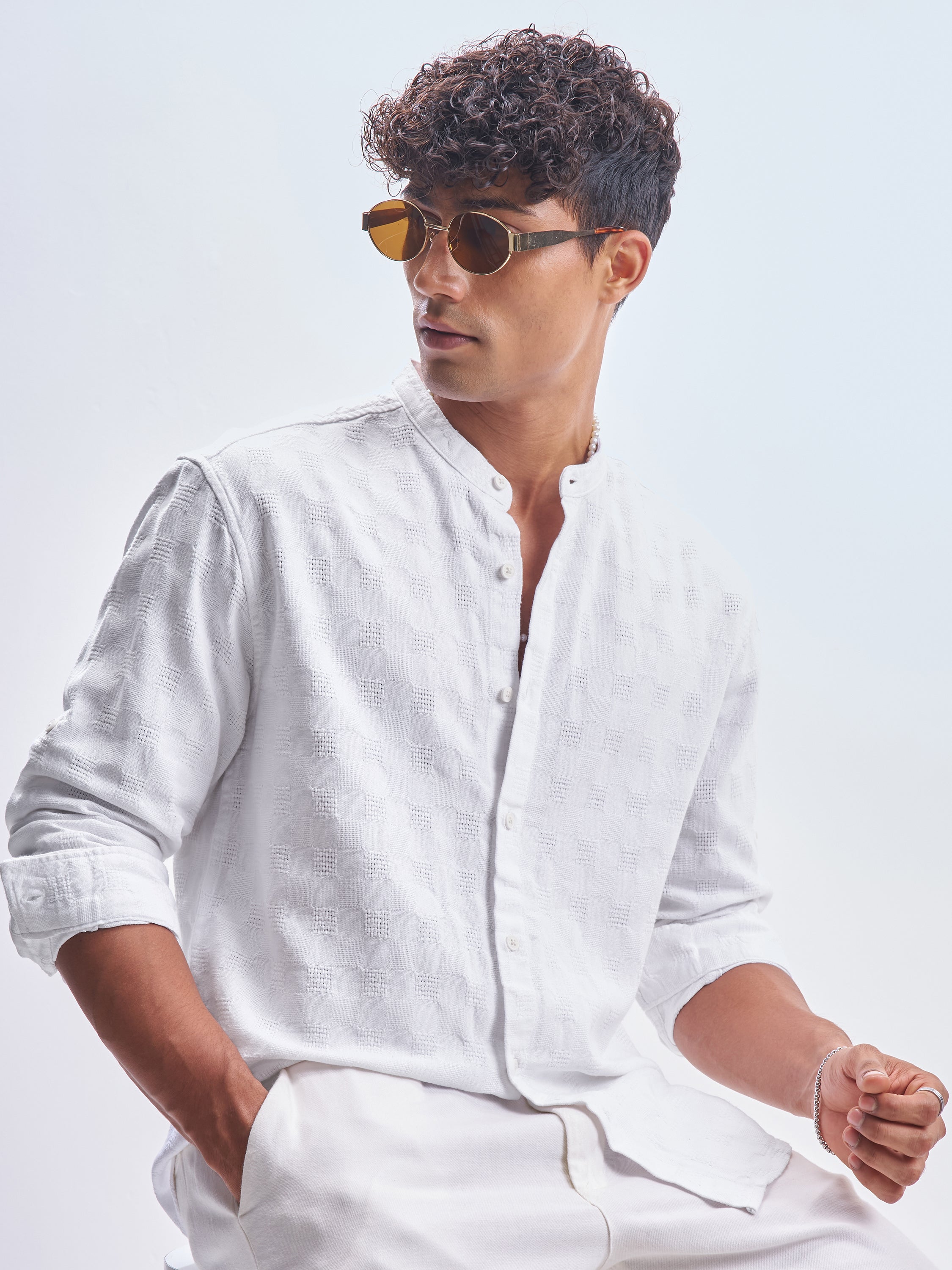Highlander Men White Self Design Relaxed Fit Casual Shirt - White - Image 1