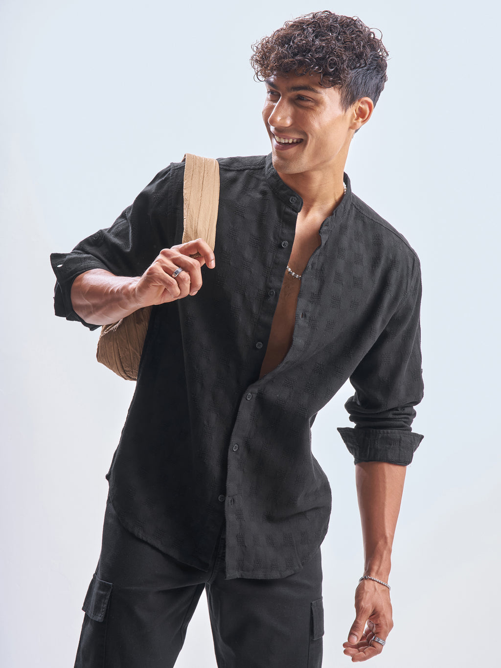 Highlander Men Black Self Design Relaxed Fit Casual Shirt - Black - Image 1