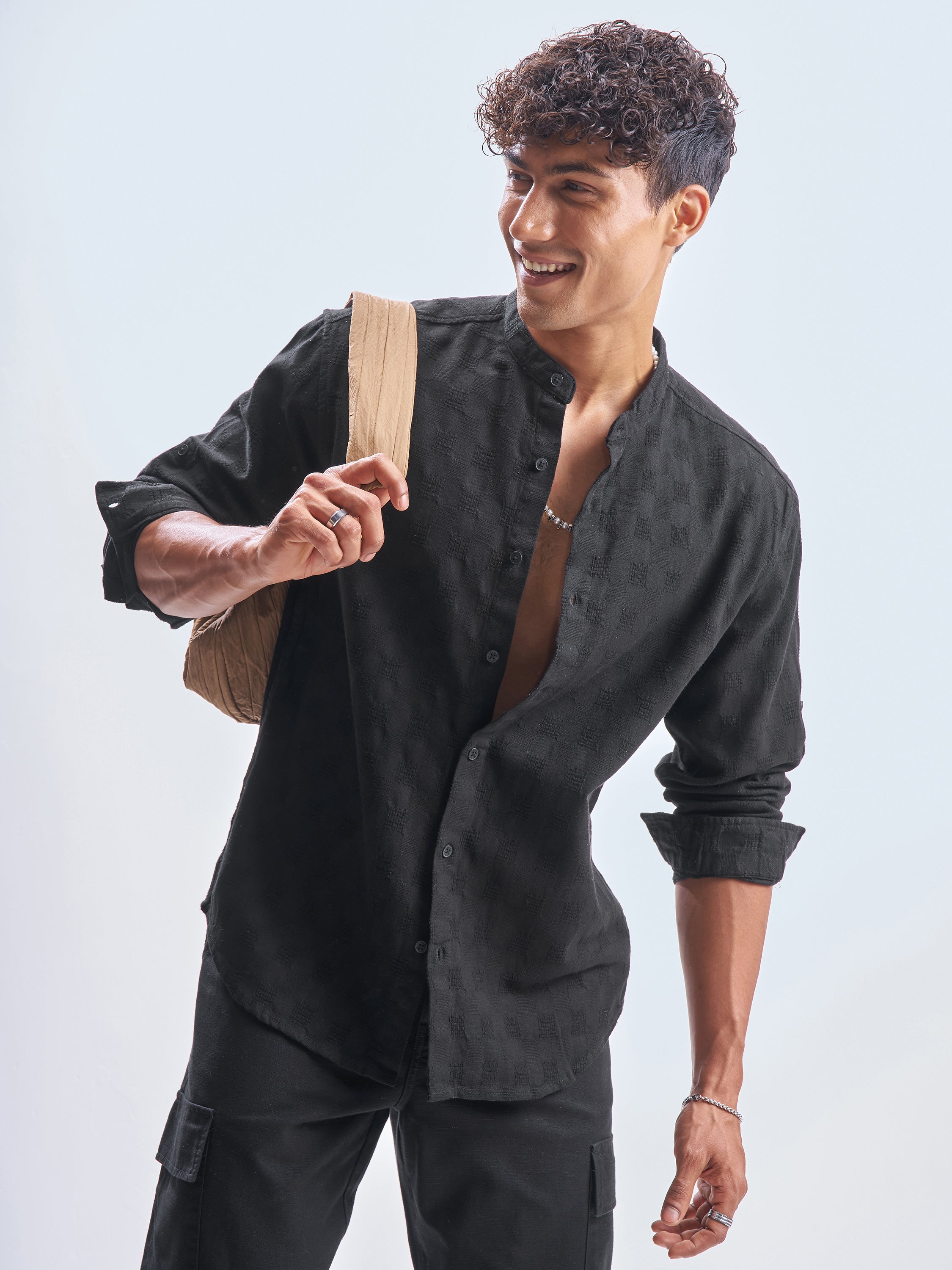 Highlander Men Black Self Design Relaxed Fit Casual Shirt - Black - Image 1