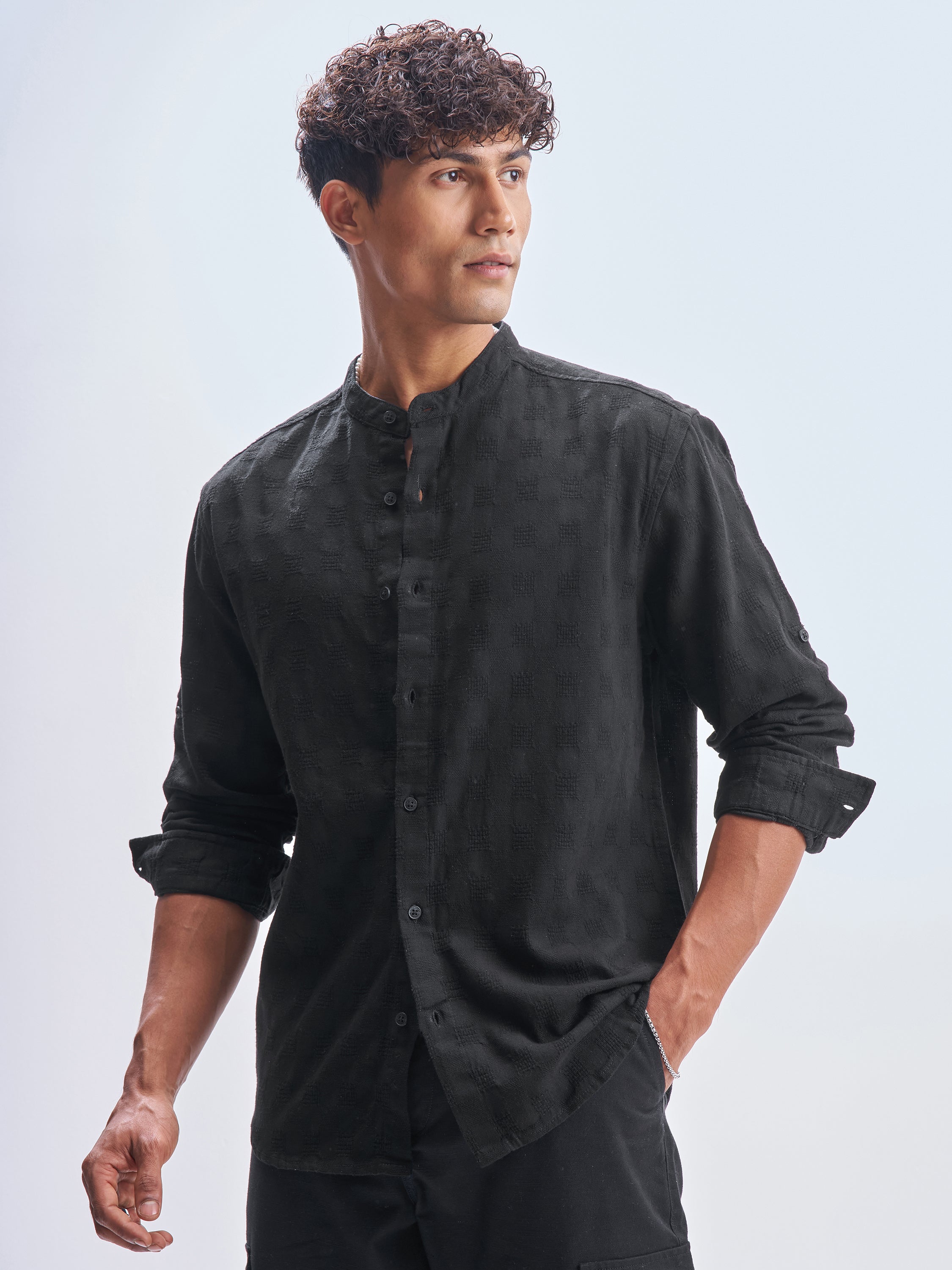 Highlander Men Black Self Design Relaxed Fit Casual Shirt - Black - Image 4