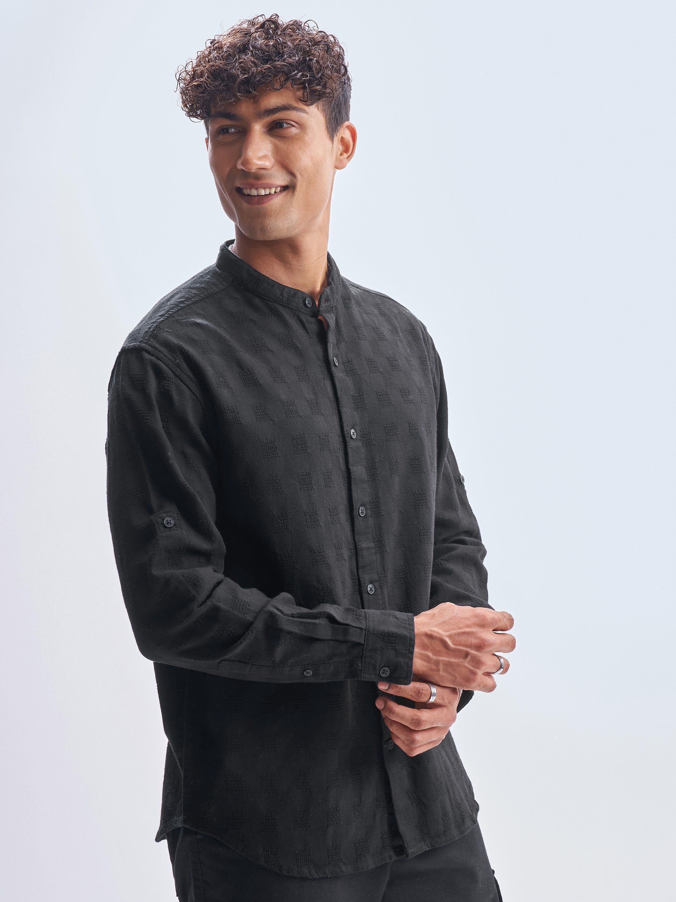 Highlander Men Black Self Design Relaxed Fit Casual Shirt - Black - Image 6