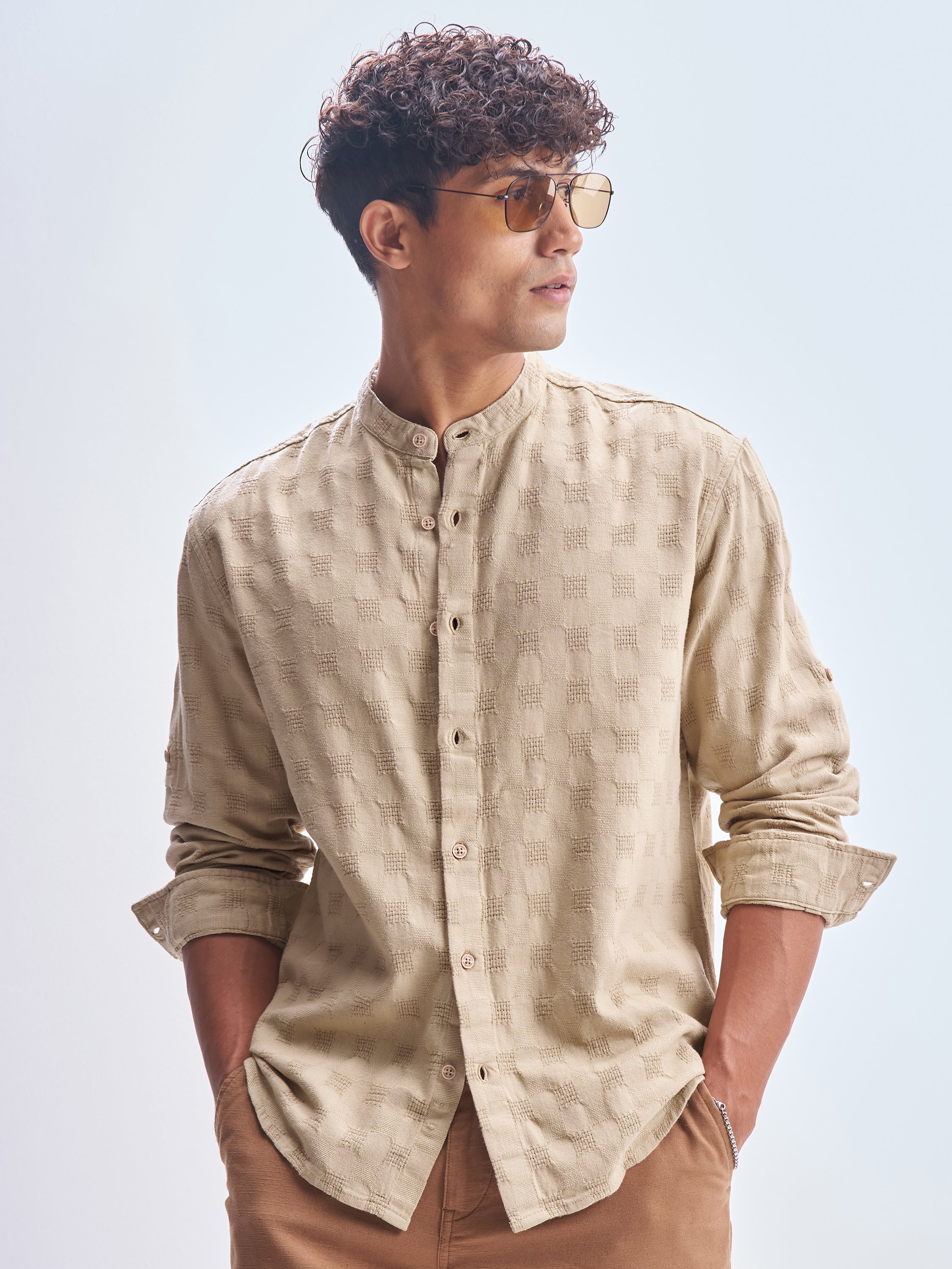 Highlander Men Khaki Self Design Relaxed Fit Casual Shirt - Khaki - Image 1