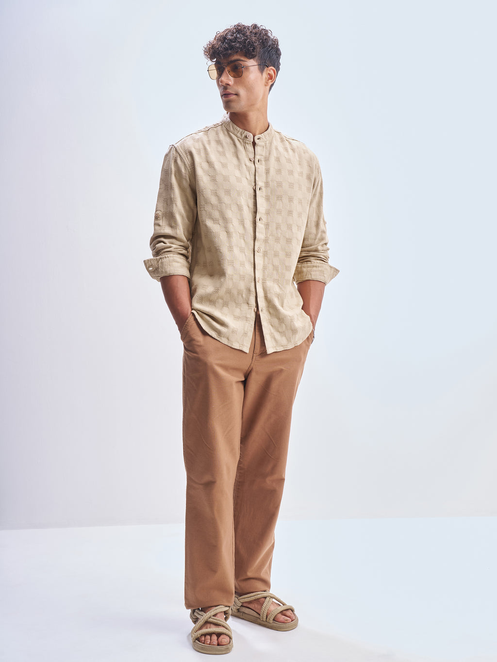 Highlander Men Khaki Self Design Relaxed Fit Casual Shirt - Khaki - Image 2
