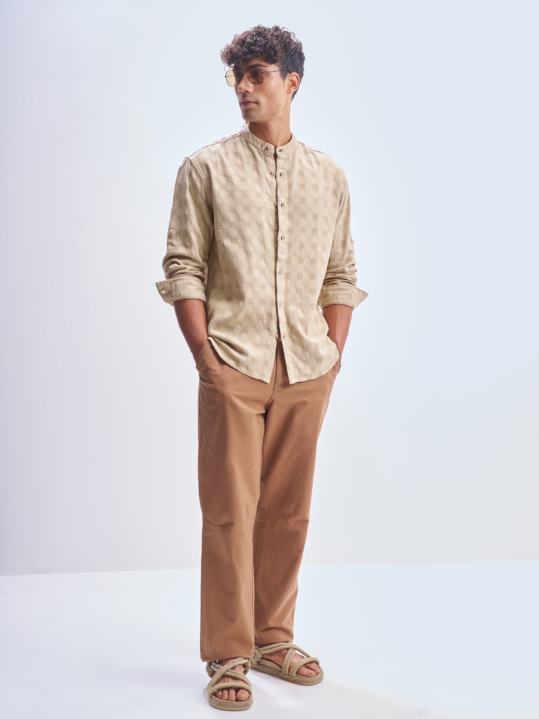 Highlander Men Khaki Self Design Relaxed Fit Casual Shirt - Khaki - Image 2
