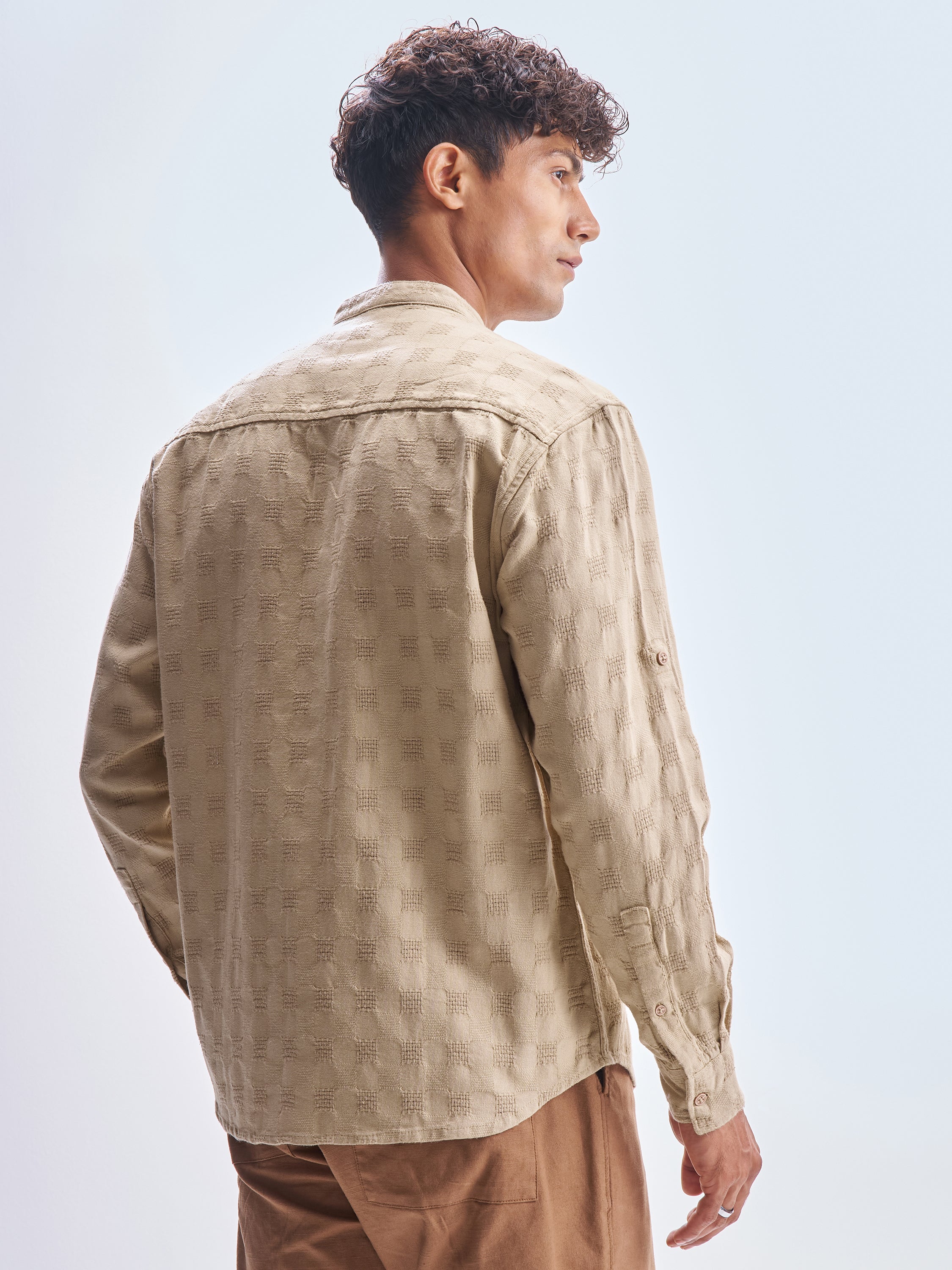 Highlander Men Khaki Self Design Relaxed Fit Casual Shirt - Khaki - Image 3